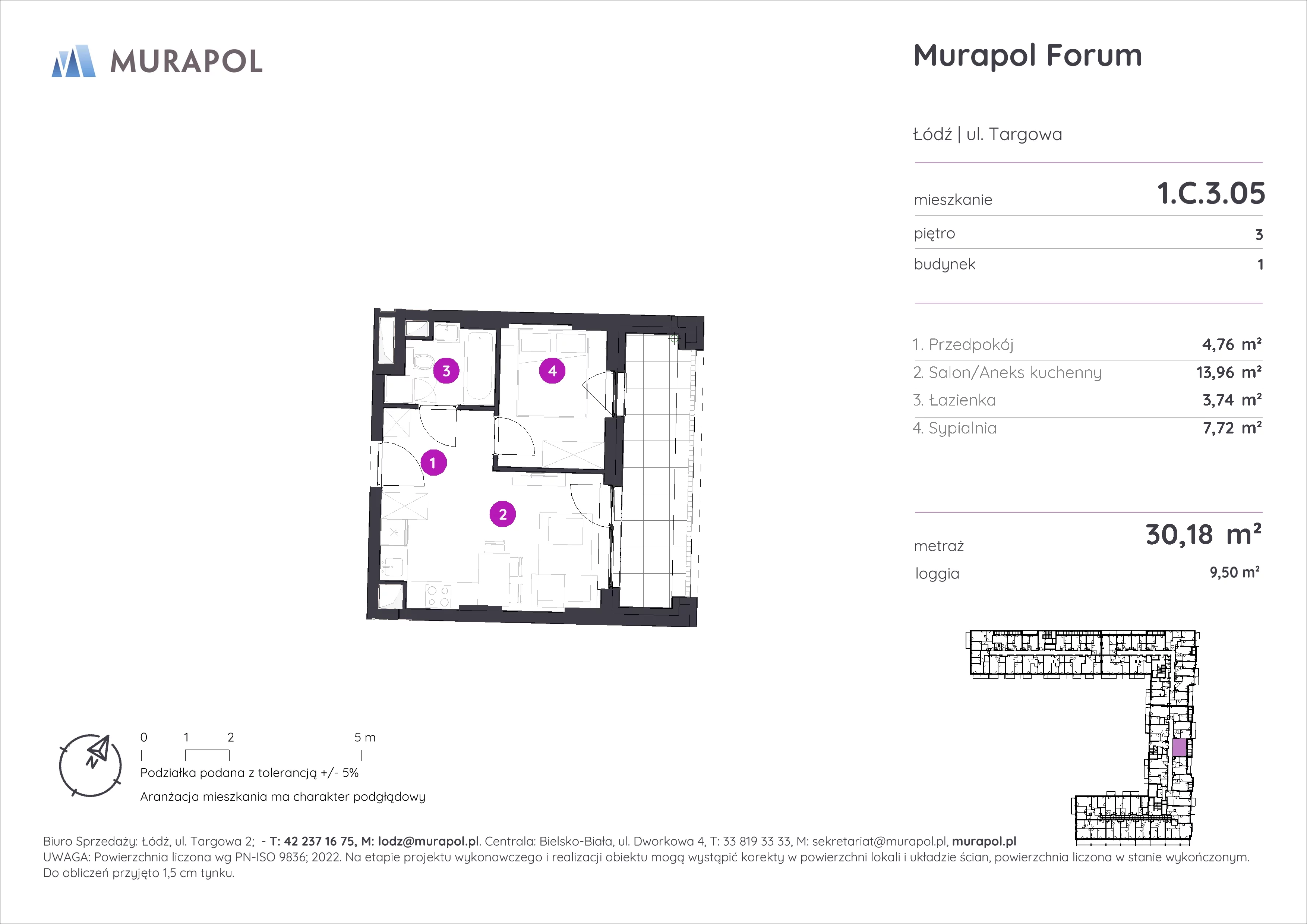 Mieszkanie 30,18 m², piętro 3, oferta nr 1.C.3.05, Murapol Forum, Łódź, Śródmieście, ul. Targowa