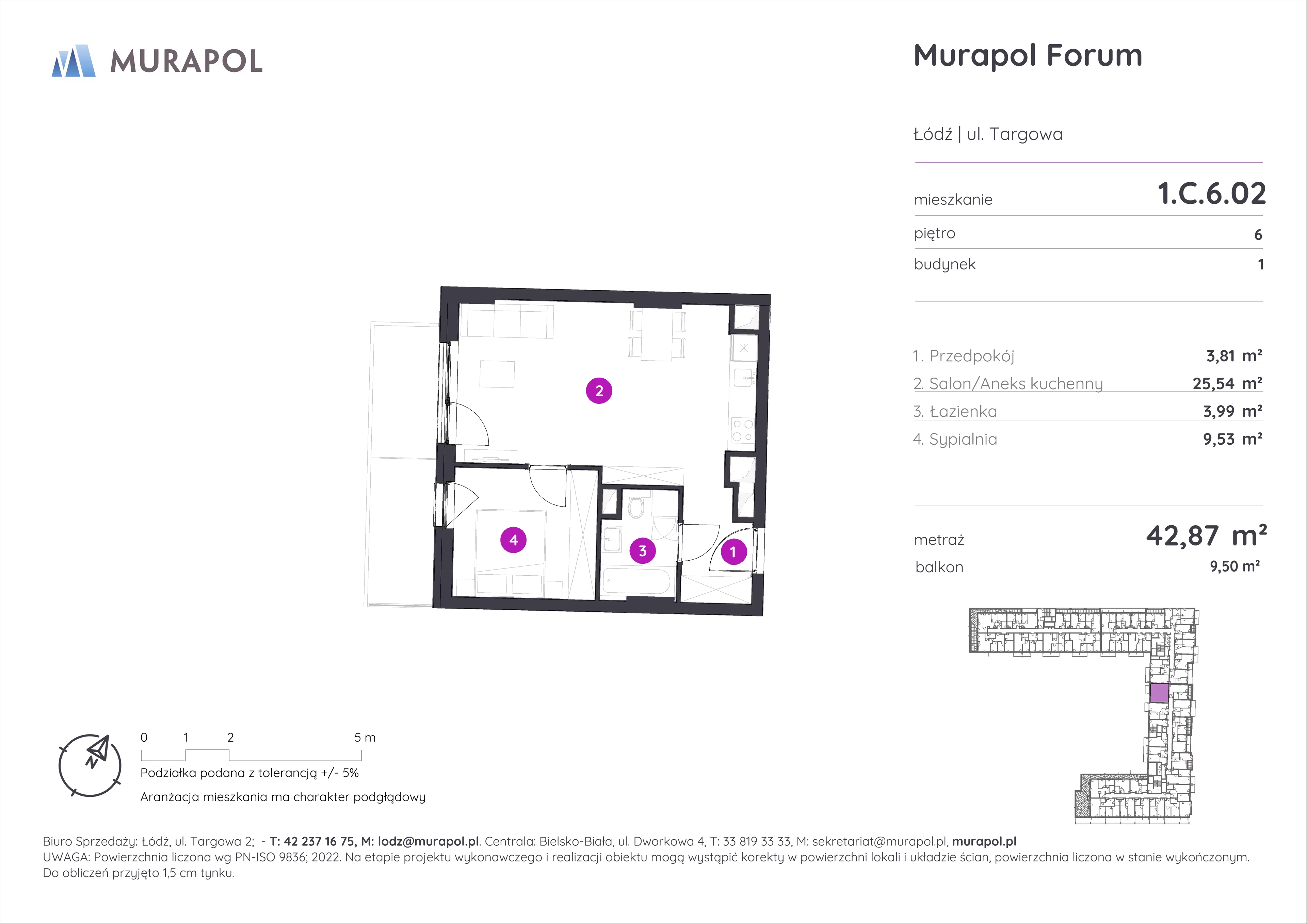 2 pokoje, mieszkanie 42,87 m², piętro 6, oferta nr 1.C.6.02, Murapol Forum, Łódź, Śródmieście, ul. Targowa