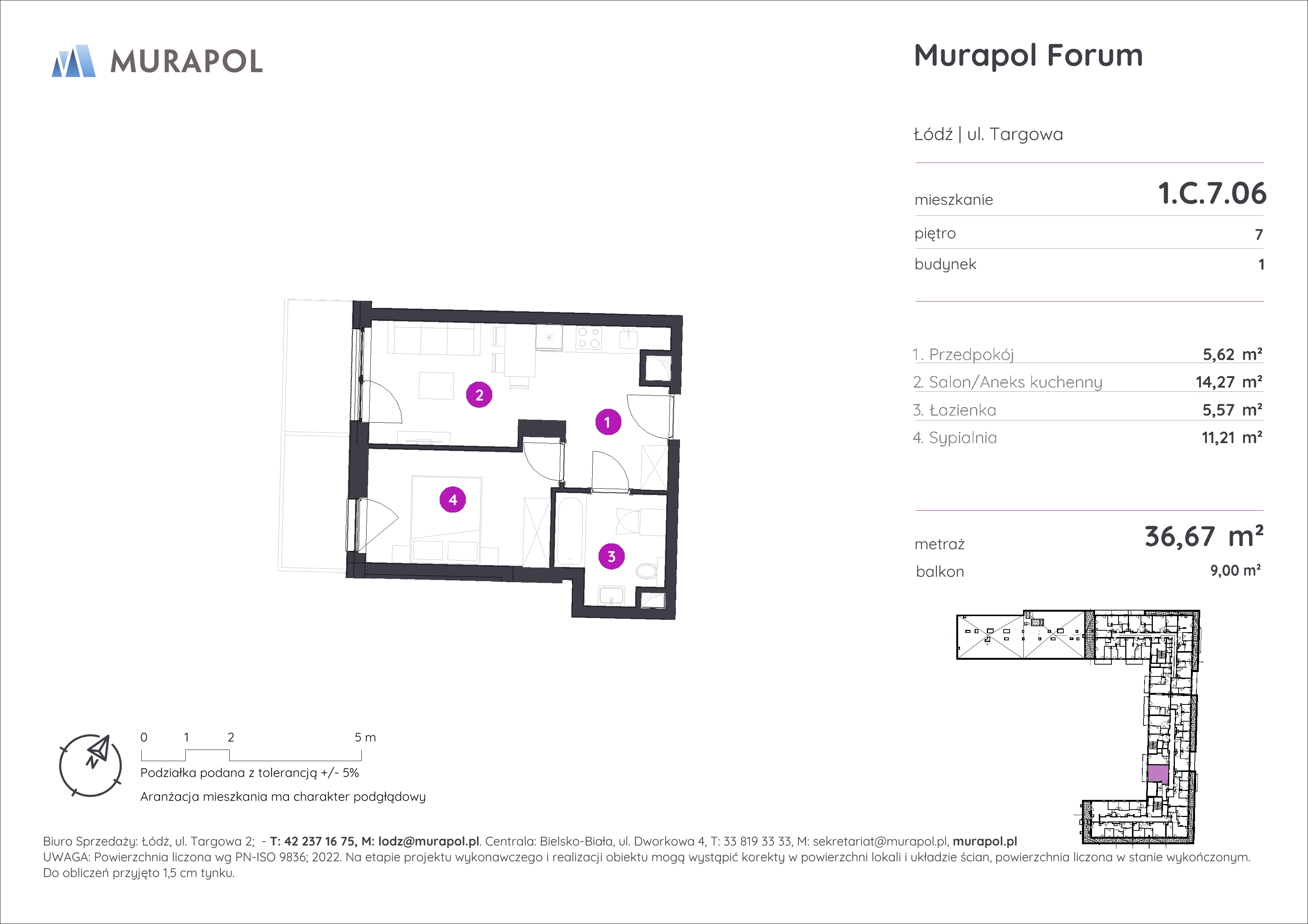 2 pokoje, mieszkanie 36,67 m², piętro 7, oferta nr 1.C.7.06, Murapol Forum, Łódź, Śródmieście, ul. Targowa