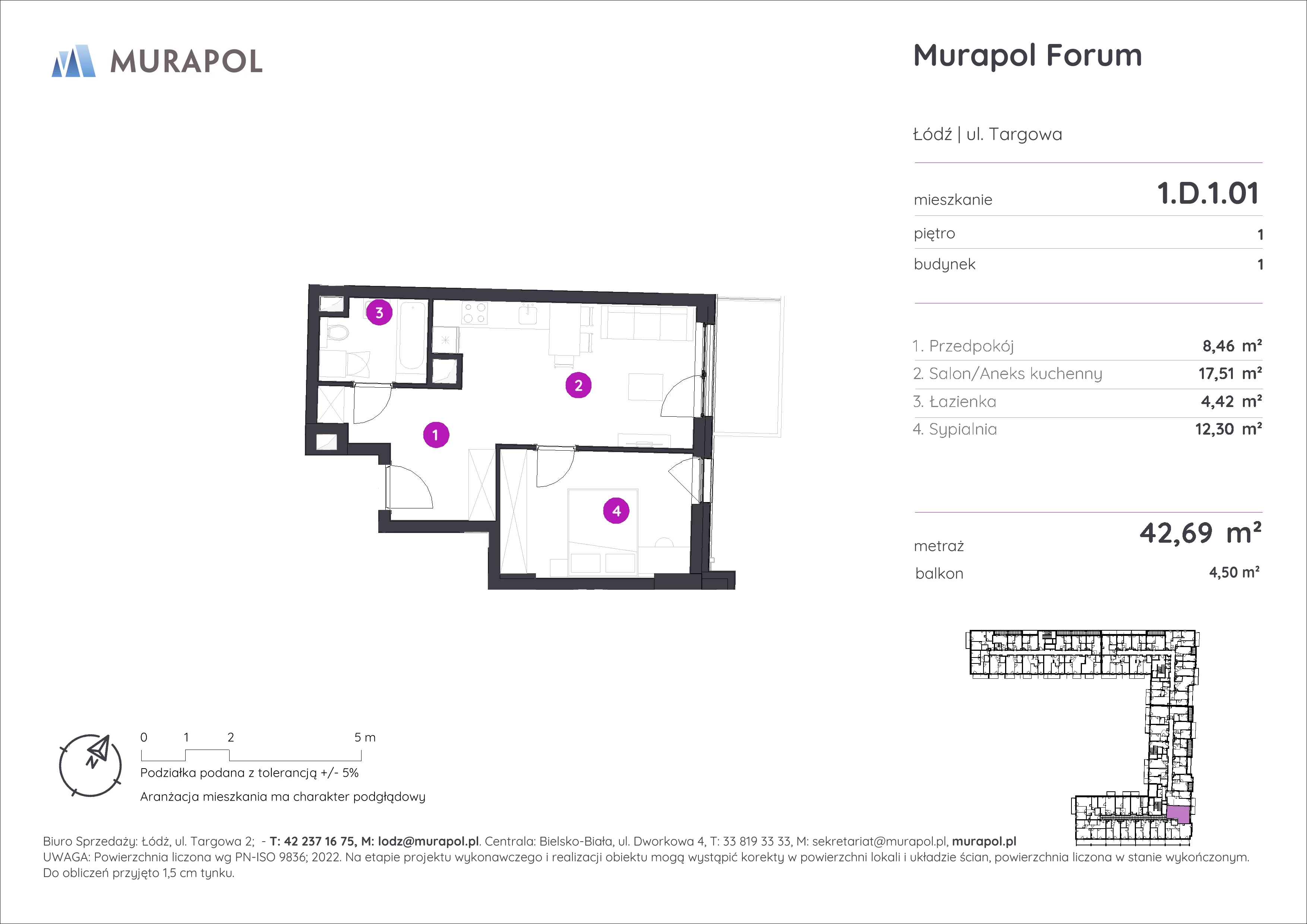 Mieszkanie 42,69 m², piętro 1, oferta nr 1.D.1.01, Murapol Forum, Łódź, Śródmieście, ul. Targowa