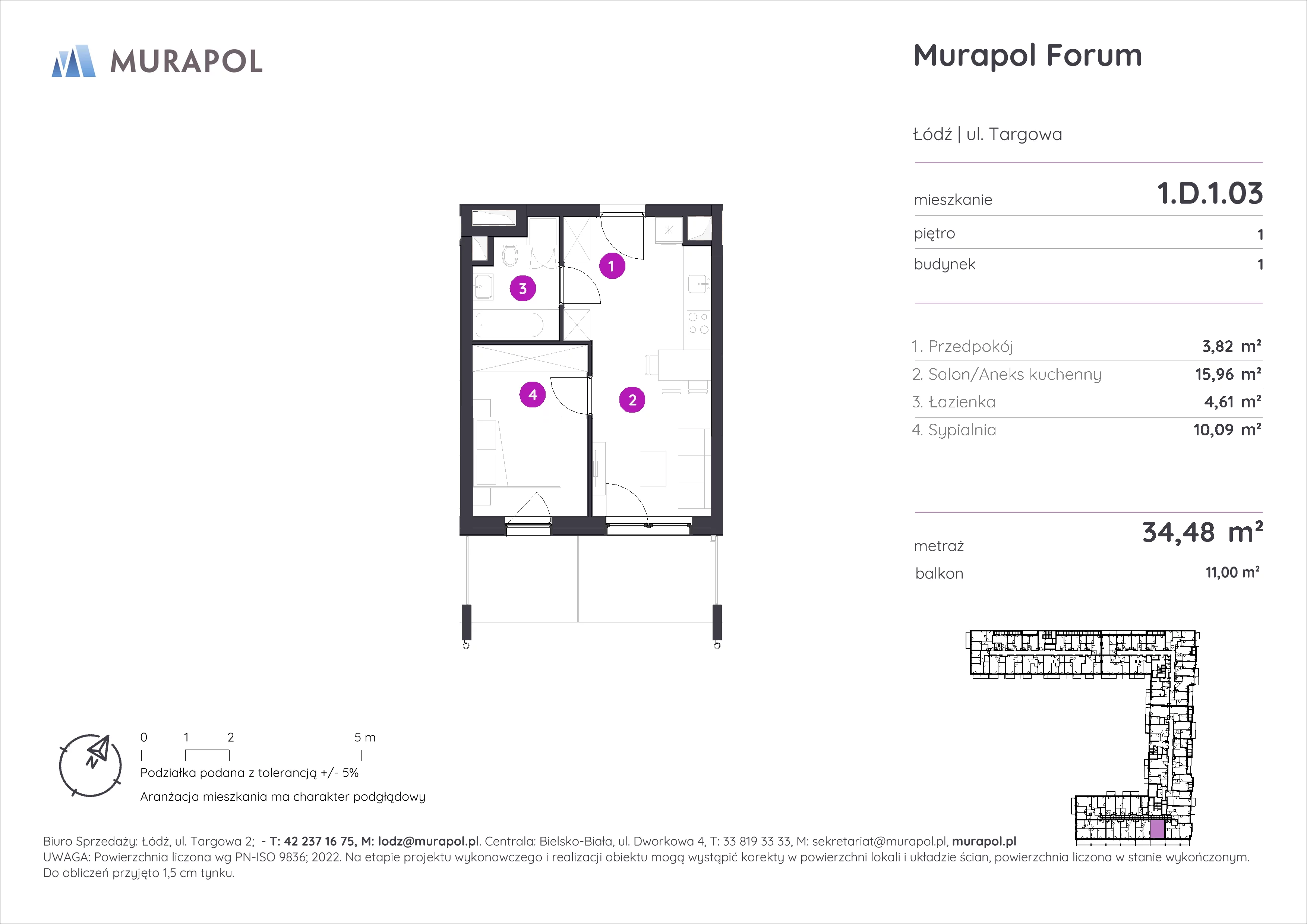 2 pokoje, mieszkanie 34,48 m², piętro 1, oferta nr 1.D.1.03, Murapol Forum, Łódź, Śródmieście, ul. Targowa