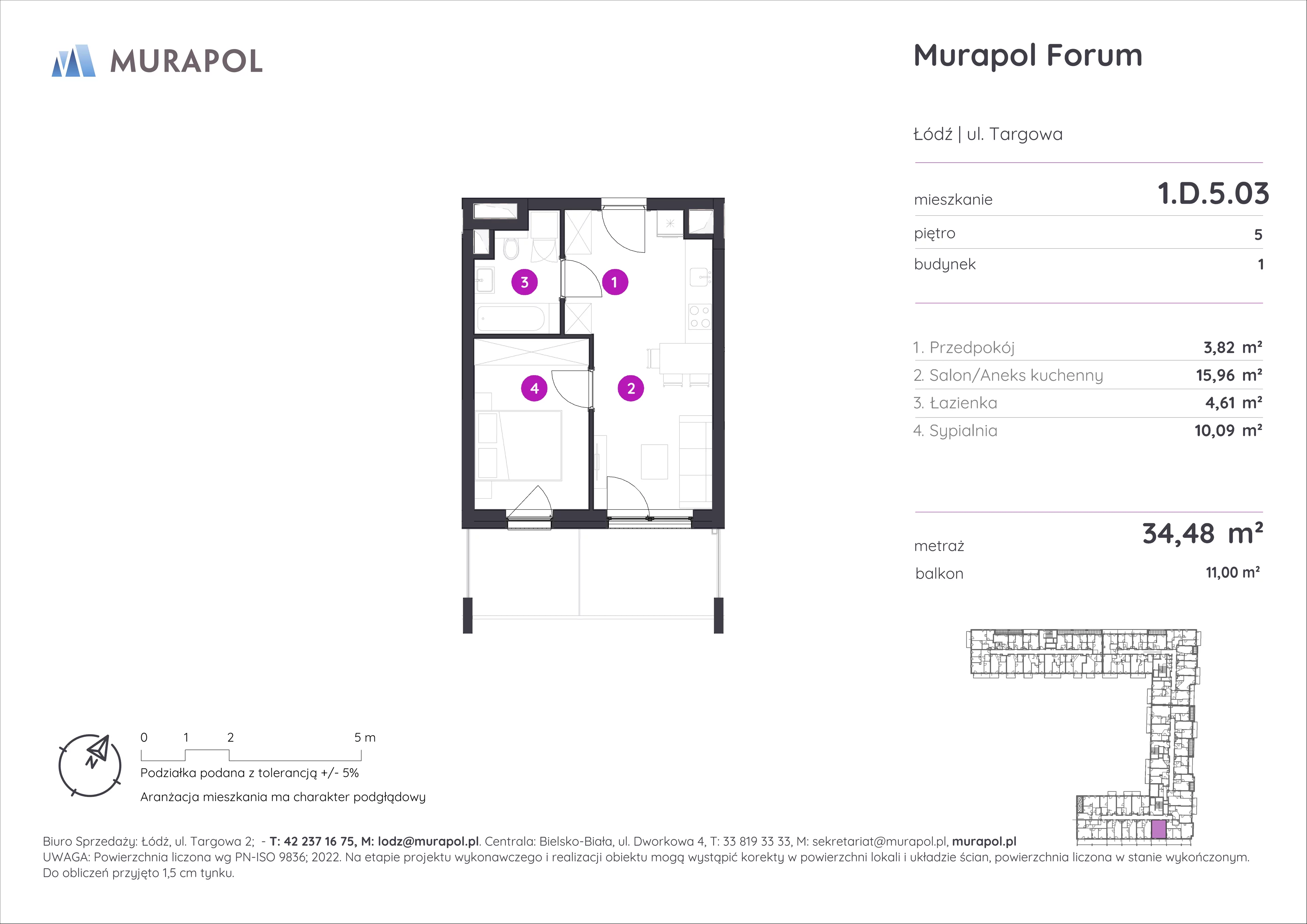 Mieszkanie 34,48 m², piętro 5, oferta nr 1.D.5.03, Murapol Forum, Łódź, Śródmieście, ul. Targowa