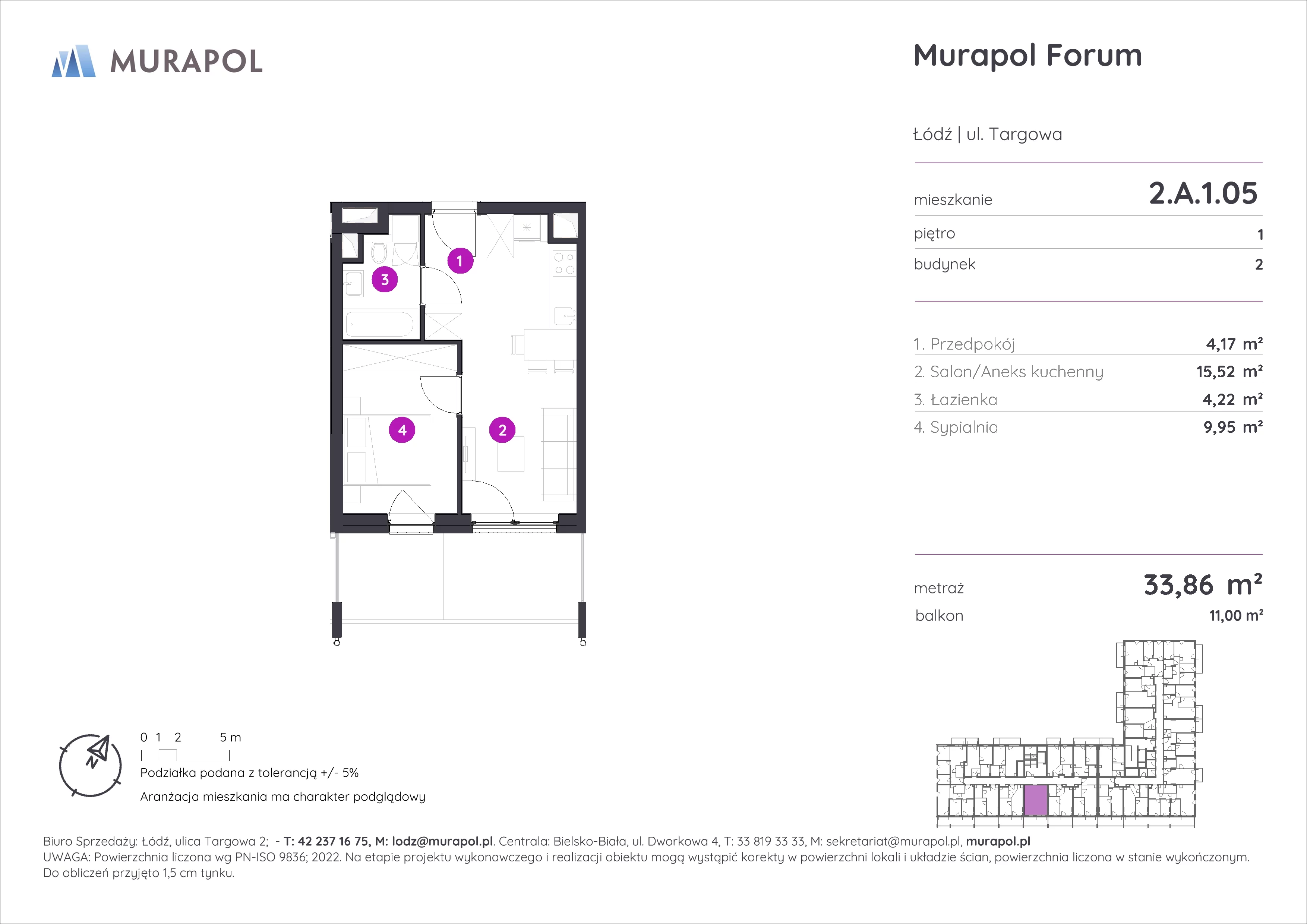 2 pokoje, mieszkanie 33,86 m², piętro 1, oferta nr 2.A.1.05, Murapol Forum, Łódź, Śródmieście, ul. Targowa