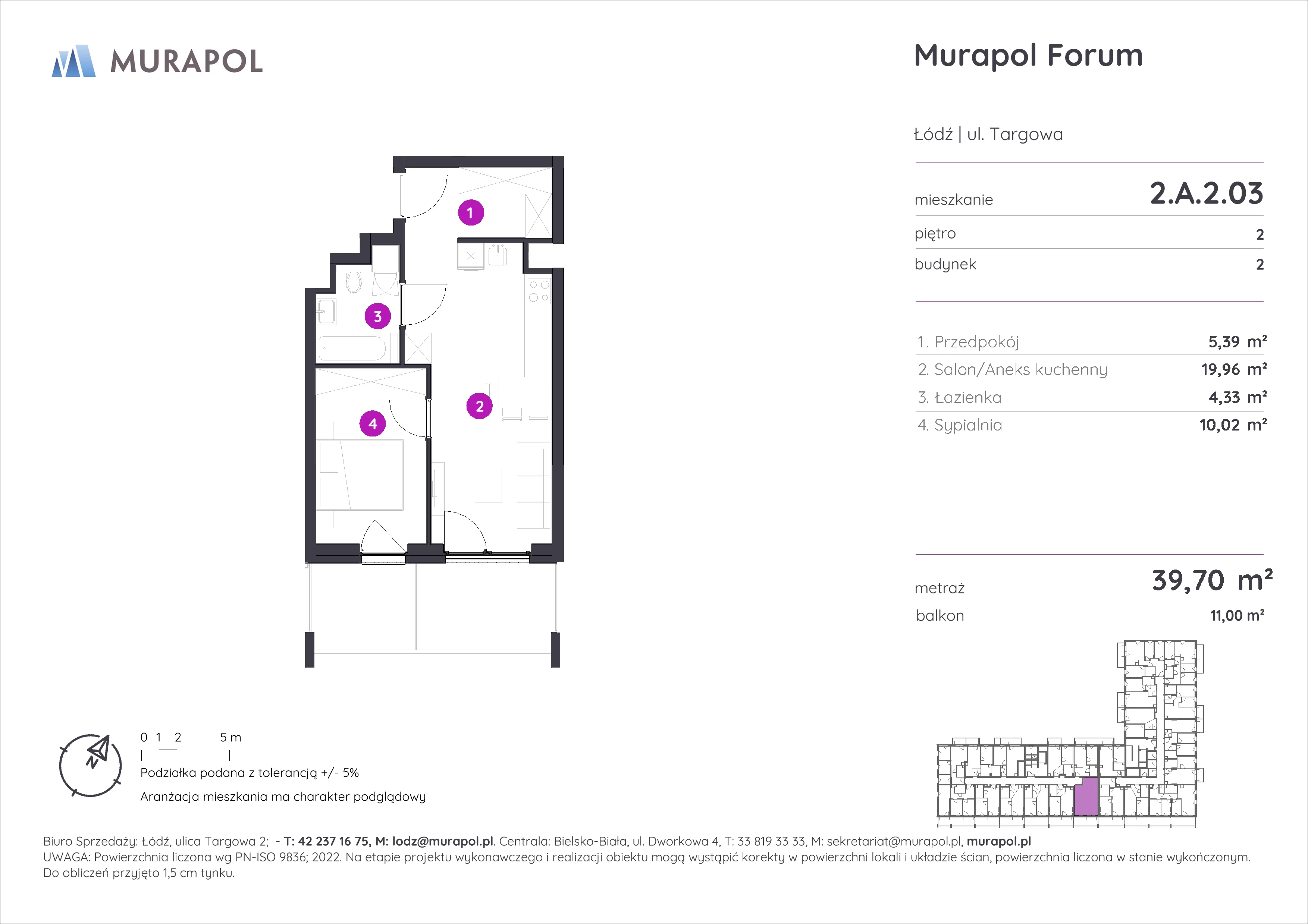 Mieszkanie 39,70 m², piętro 2, oferta nr 2.A.2.03, Murapol Forum, Łódź, Śródmieście, ul. Targowa