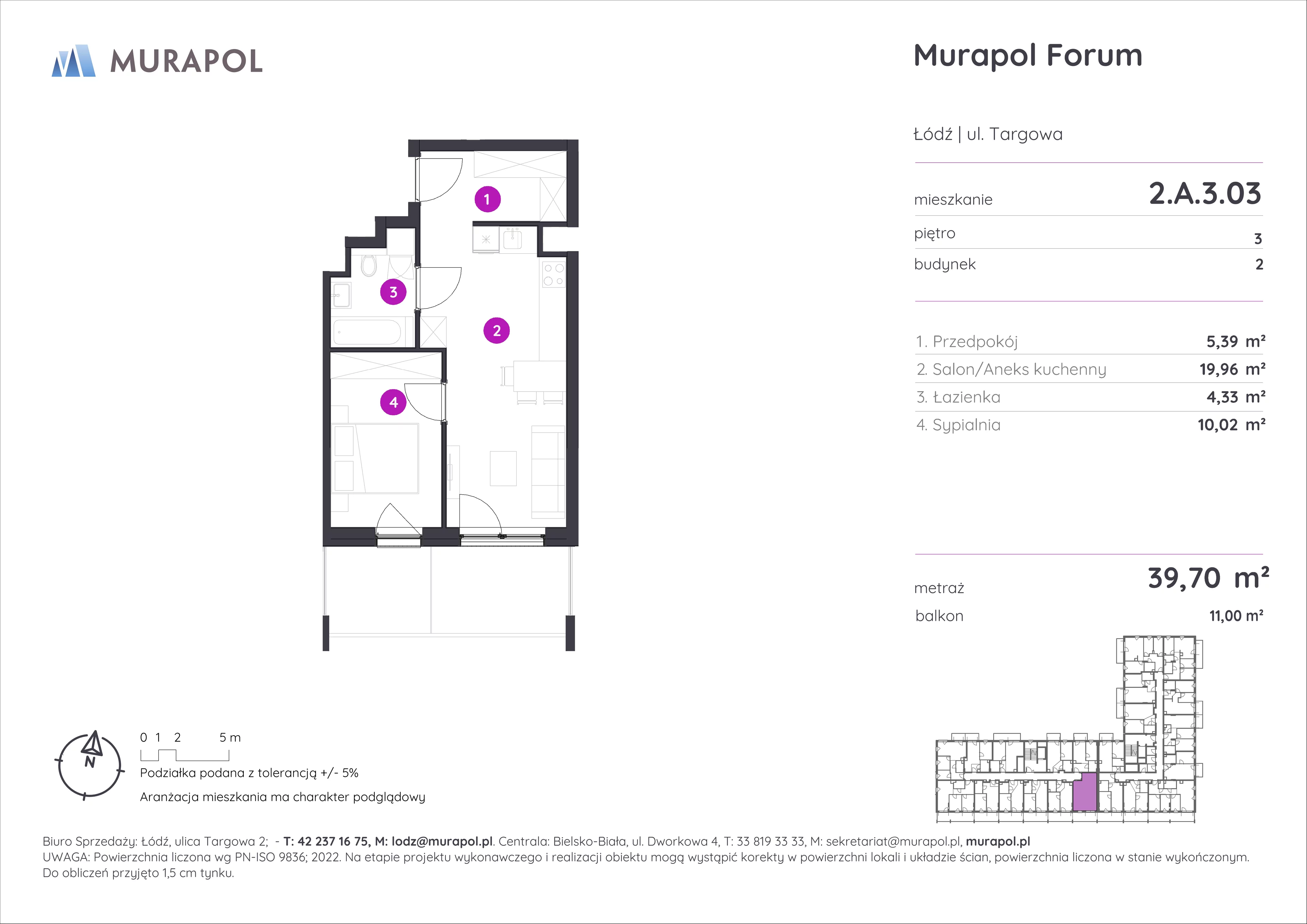 Mieszkanie 39,70 m², piętro 3, oferta nr 2.A.3.03, Murapol Forum, Łódź, Śródmieście, ul. Targowa