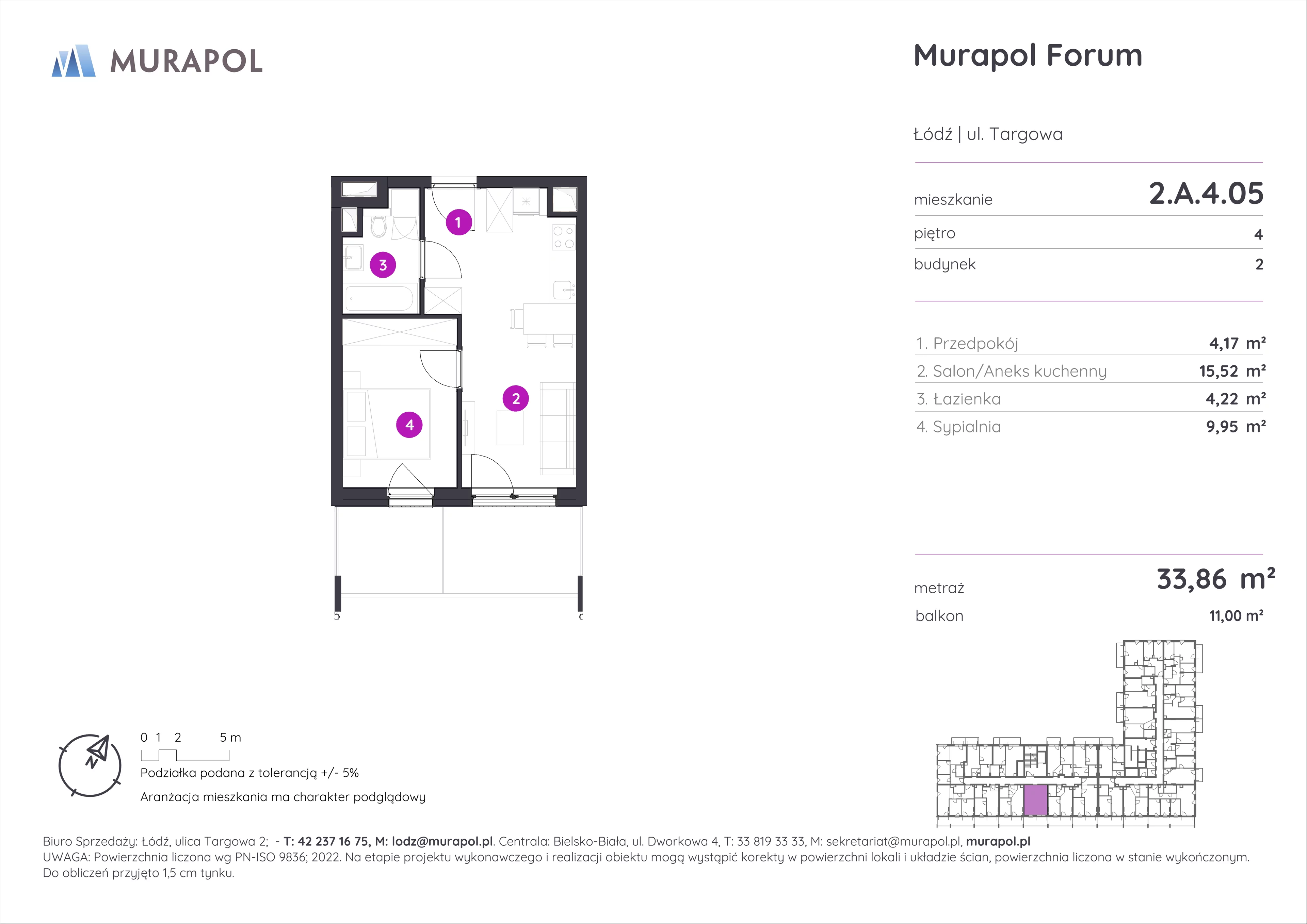 Mieszkanie 33,86 m², piętro 4, oferta nr 2.A.4.05, Murapol Forum, Łódź, Śródmieście, ul. Targowa