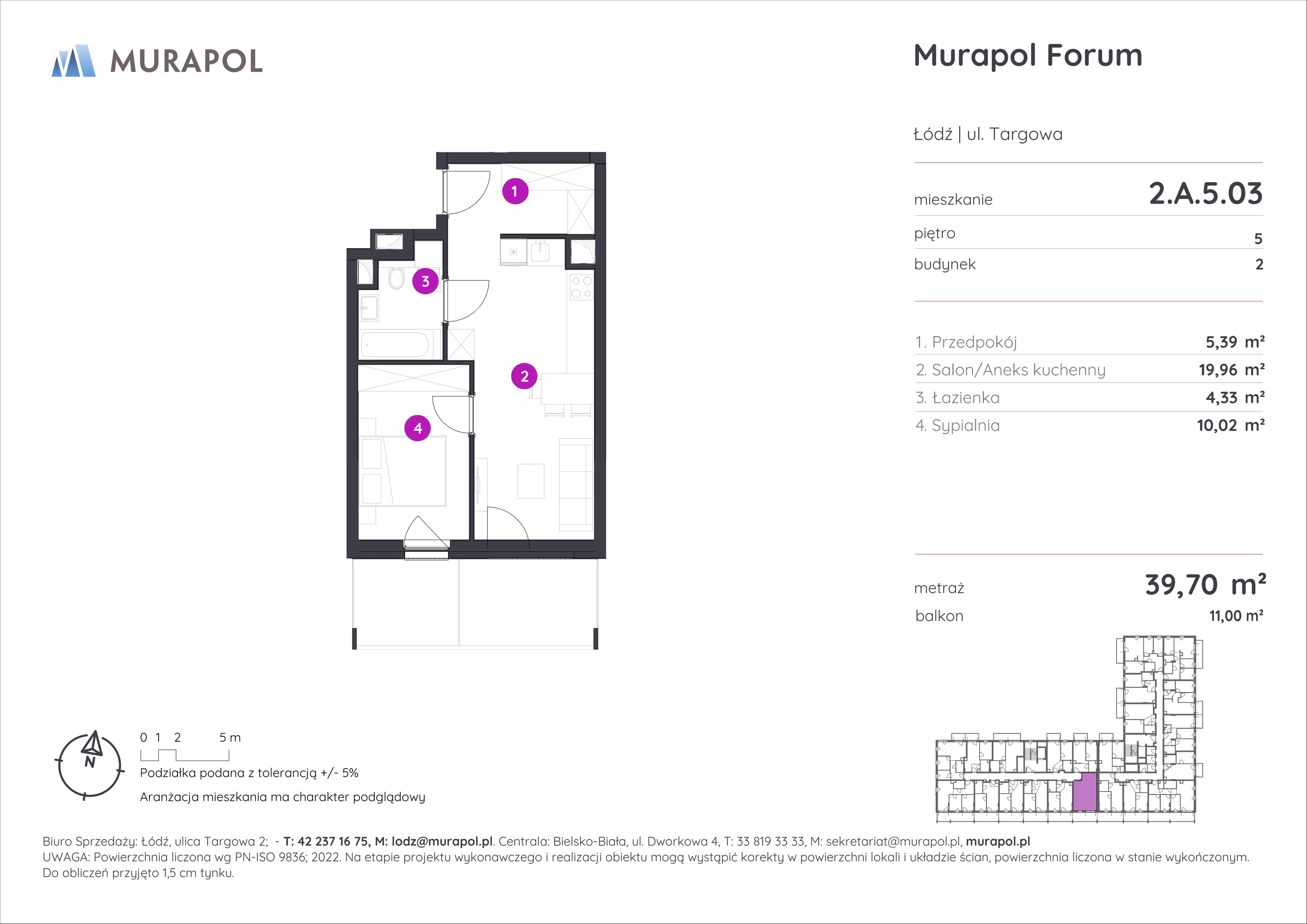 Mieszkanie 39,70 m², piętro 5, oferta nr 2.A.5.03, Murapol Forum, Łódź, Śródmieście, ul. Targowa