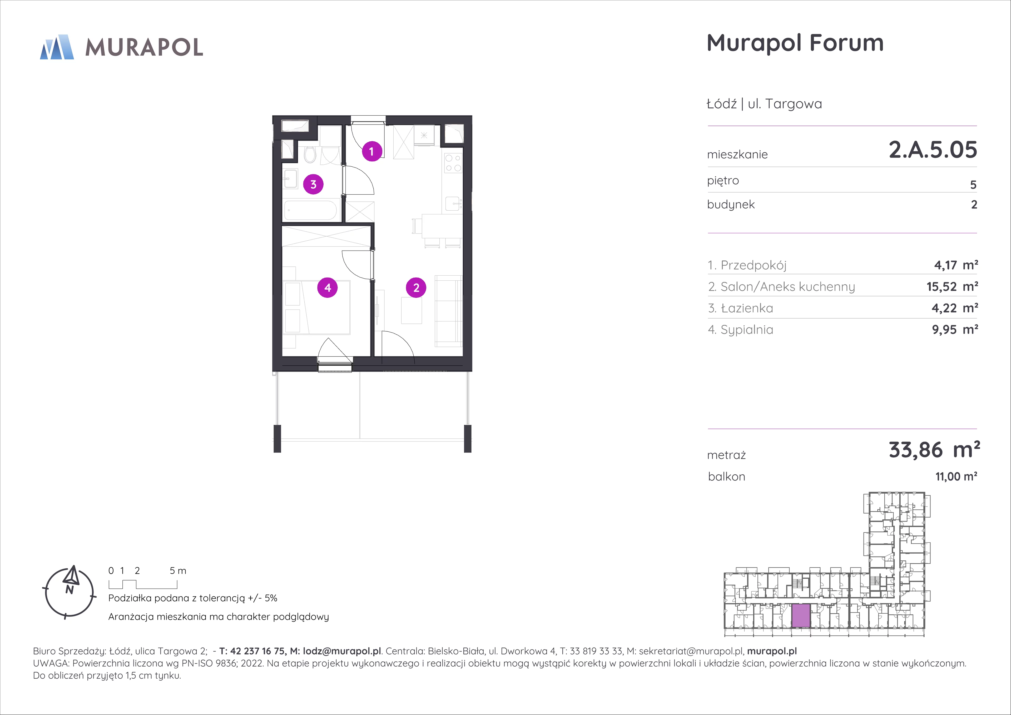 2 pokoje, mieszkanie 33,86 m², piętro 5, oferta nr 2.A.5.05, Murapol Forum, Łódź, Śródmieście, ul. Targowa