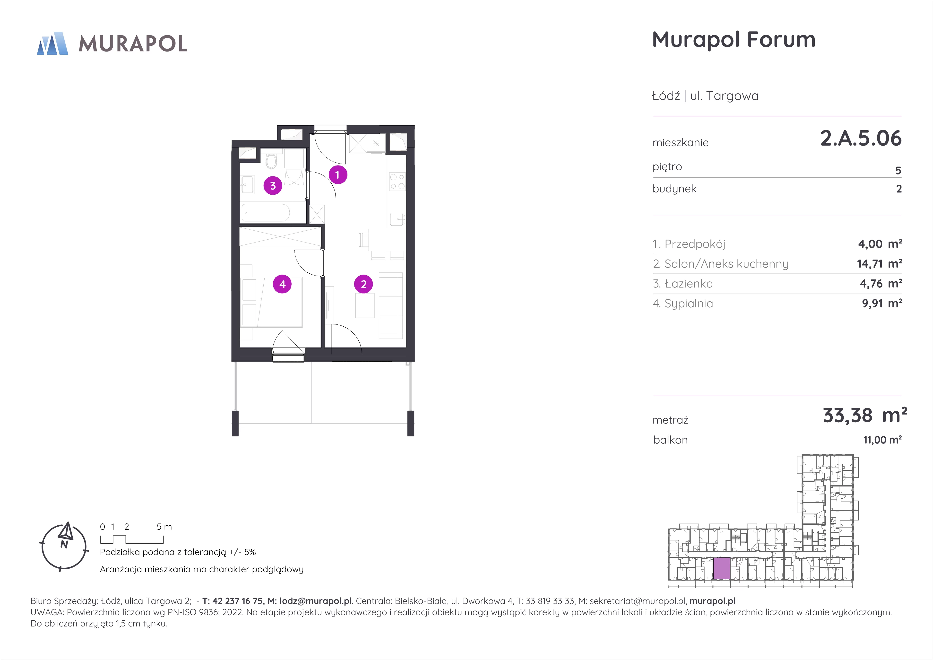 2 pokoje, mieszkanie 33,38 m², piętro 5, oferta nr 2.A.5.06, Murapol Forum, Łódź, Śródmieście, ul. Targowa