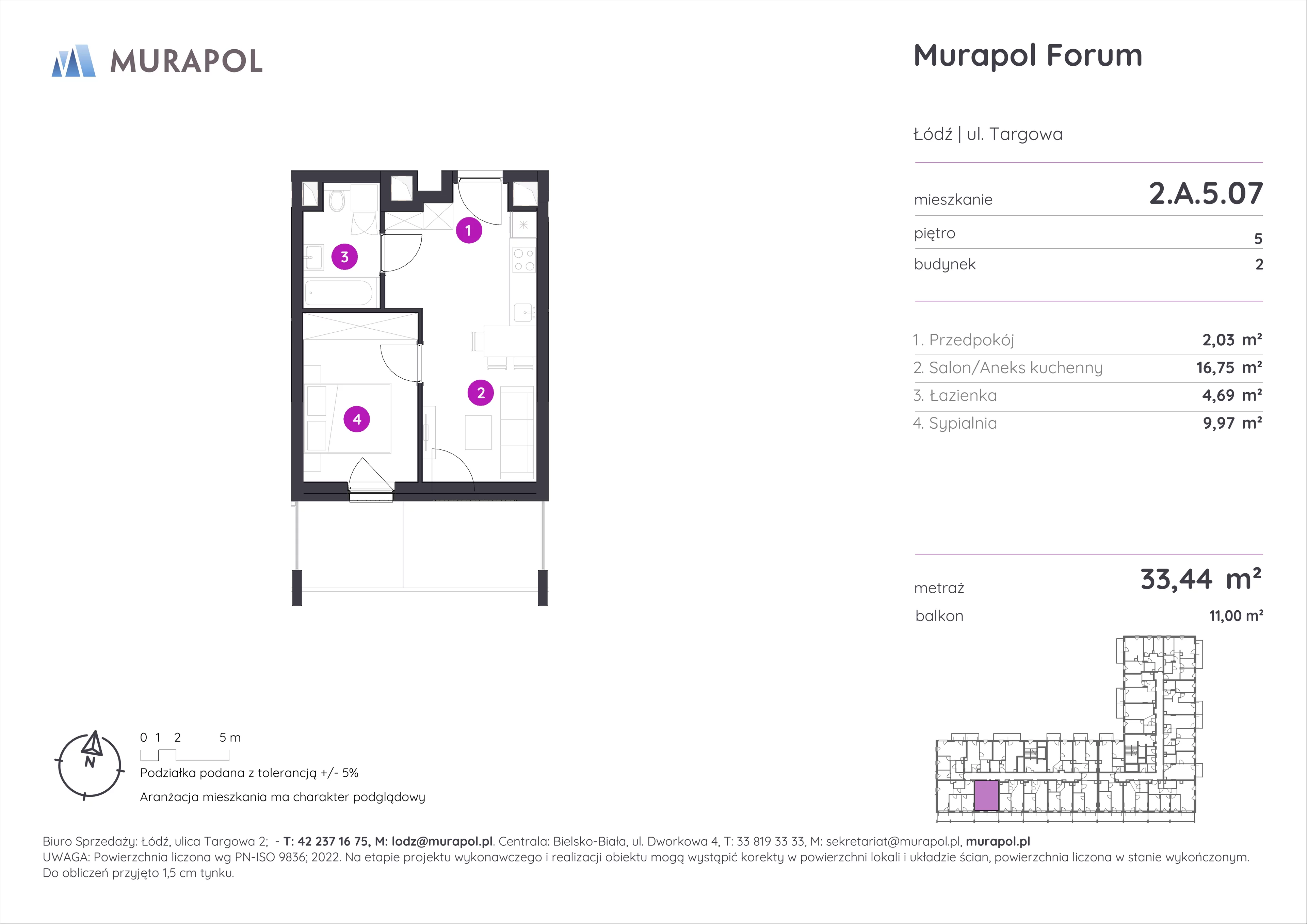 2 pokoje, mieszkanie 33,44 m², piętro 5, oferta nr 2.A.5.07, Murapol Forum, Łódź, Śródmieście, ul. Targowa