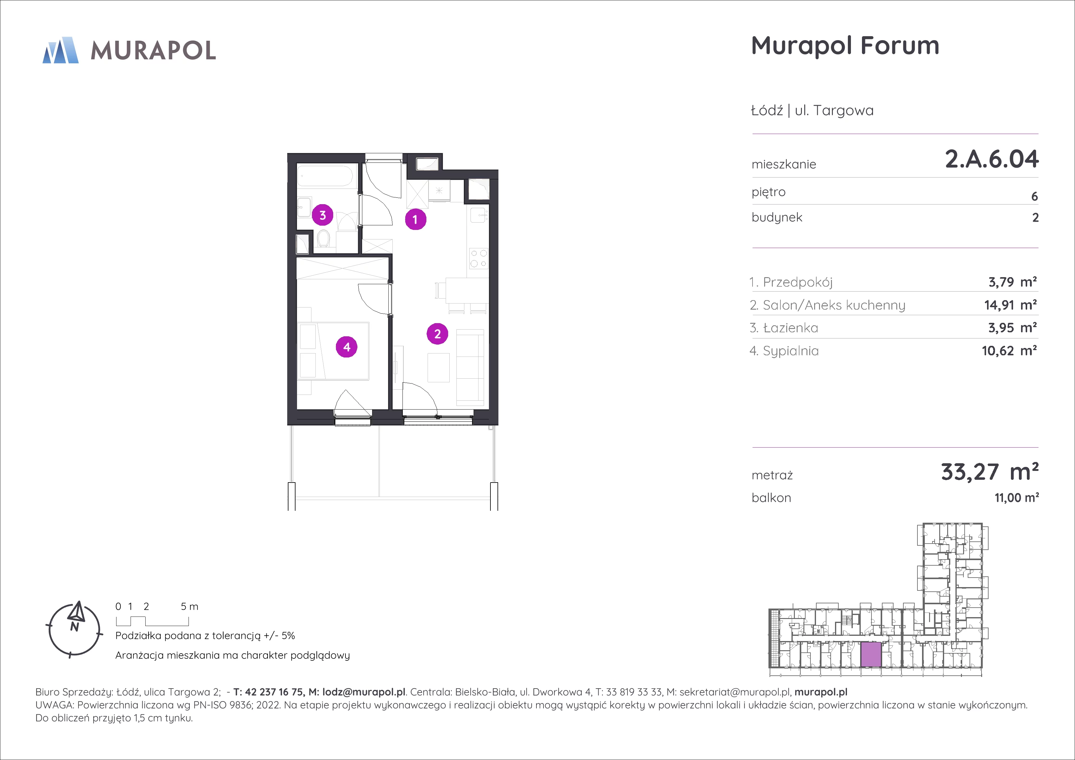 2 pokoje, mieszkanie 33,27 m², piętro 6, oferta nr 2.A.6.04, Murapol Forum, Łódź, Śródmieście, ul. Targowa