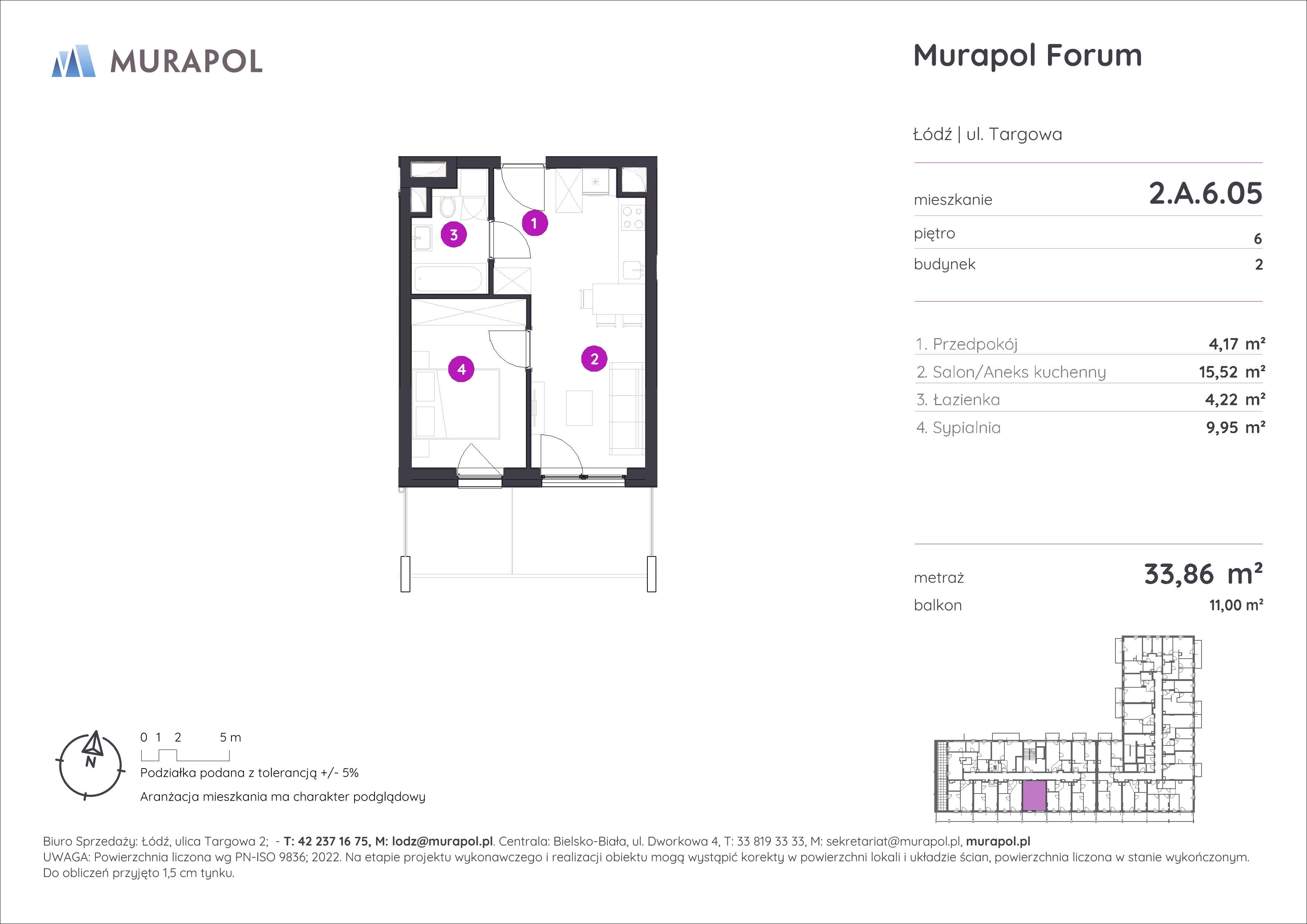 Mieszkanie 33,86 m², piętro 6, oferta nr 2.A.6.05, Murapol Forum, Łódź, Śródmieście, ul. Targowa