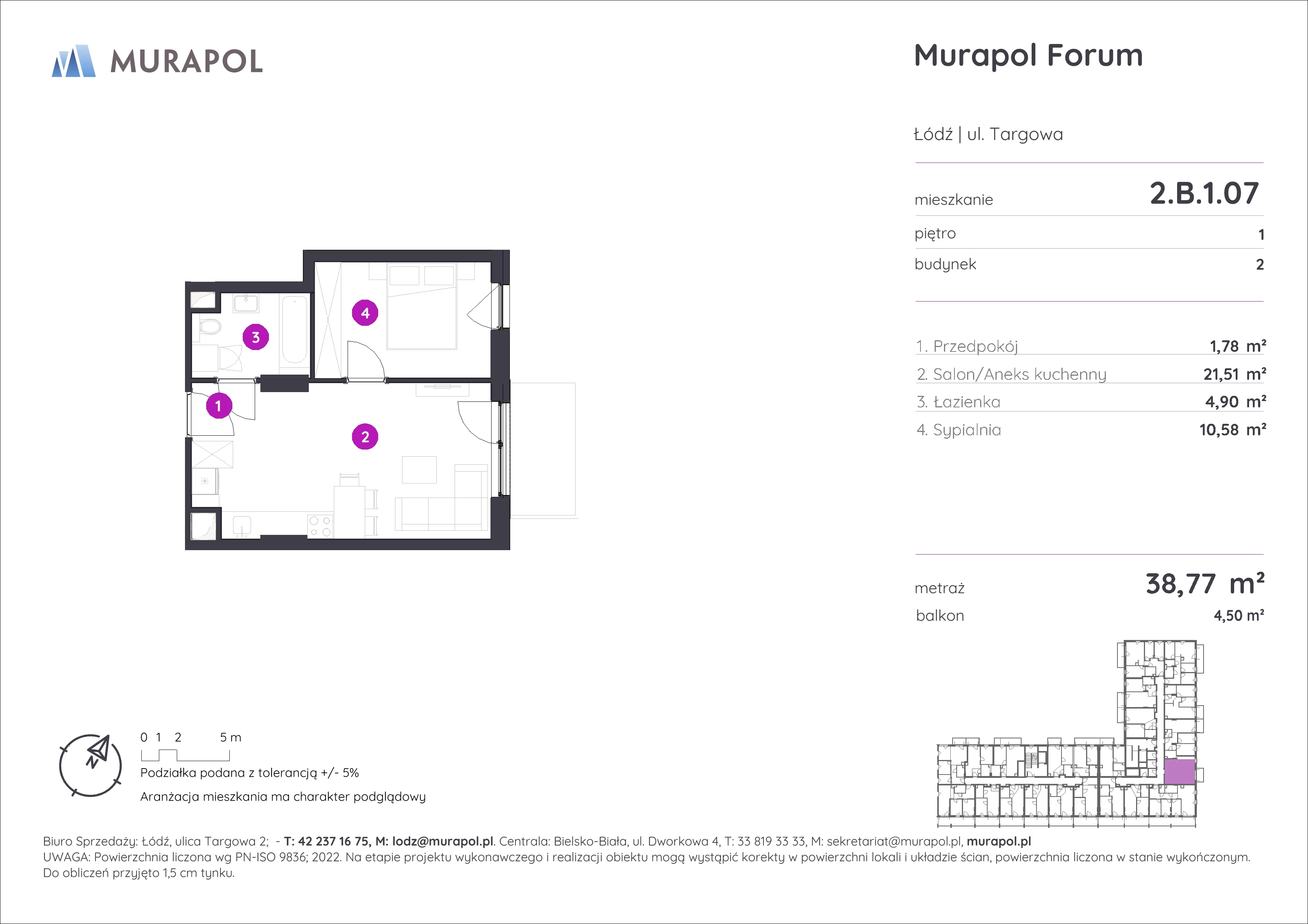 2 pokoje, mieszkanie 38,77 m², piętro 1, oferta nr 2.B.1.07, Murapol Forum, Łódź, Śródmieście, ul. Targowa