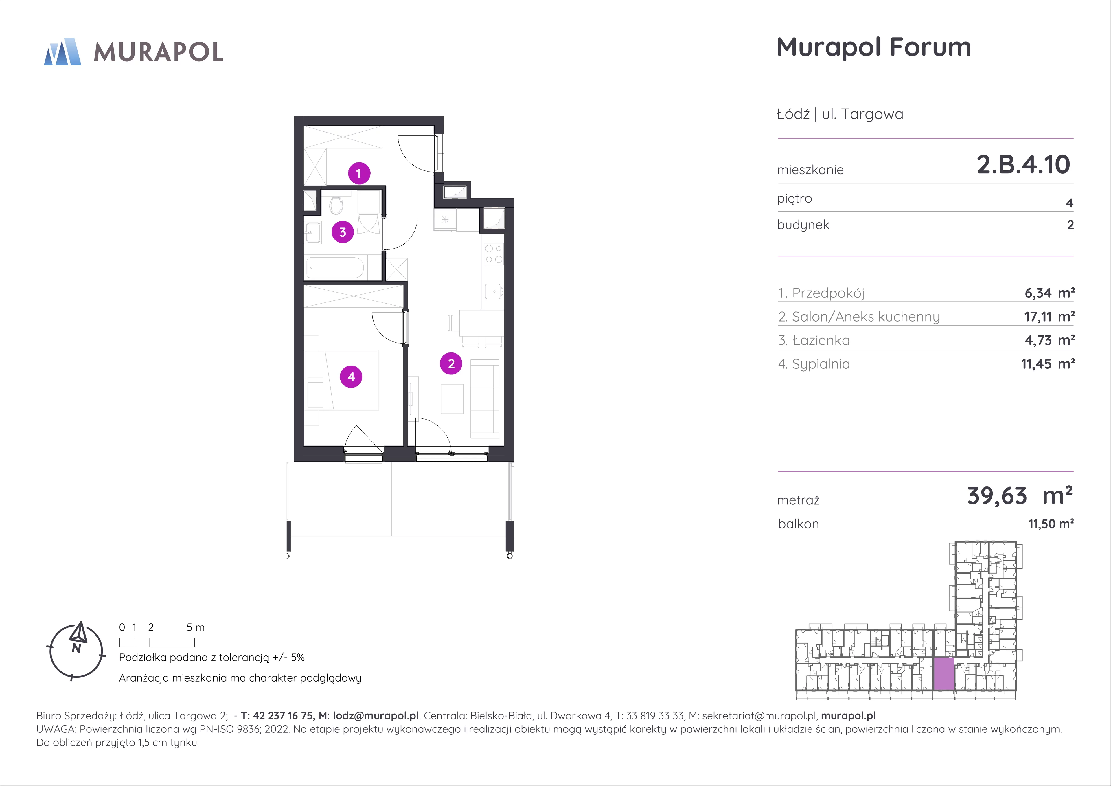 2 pokoje, mieszkanie 39,63 m², piętro 4, oferta nr 2.B.4.10, Murapol Forum, Łódź, Śródmieście, ul. Targowa