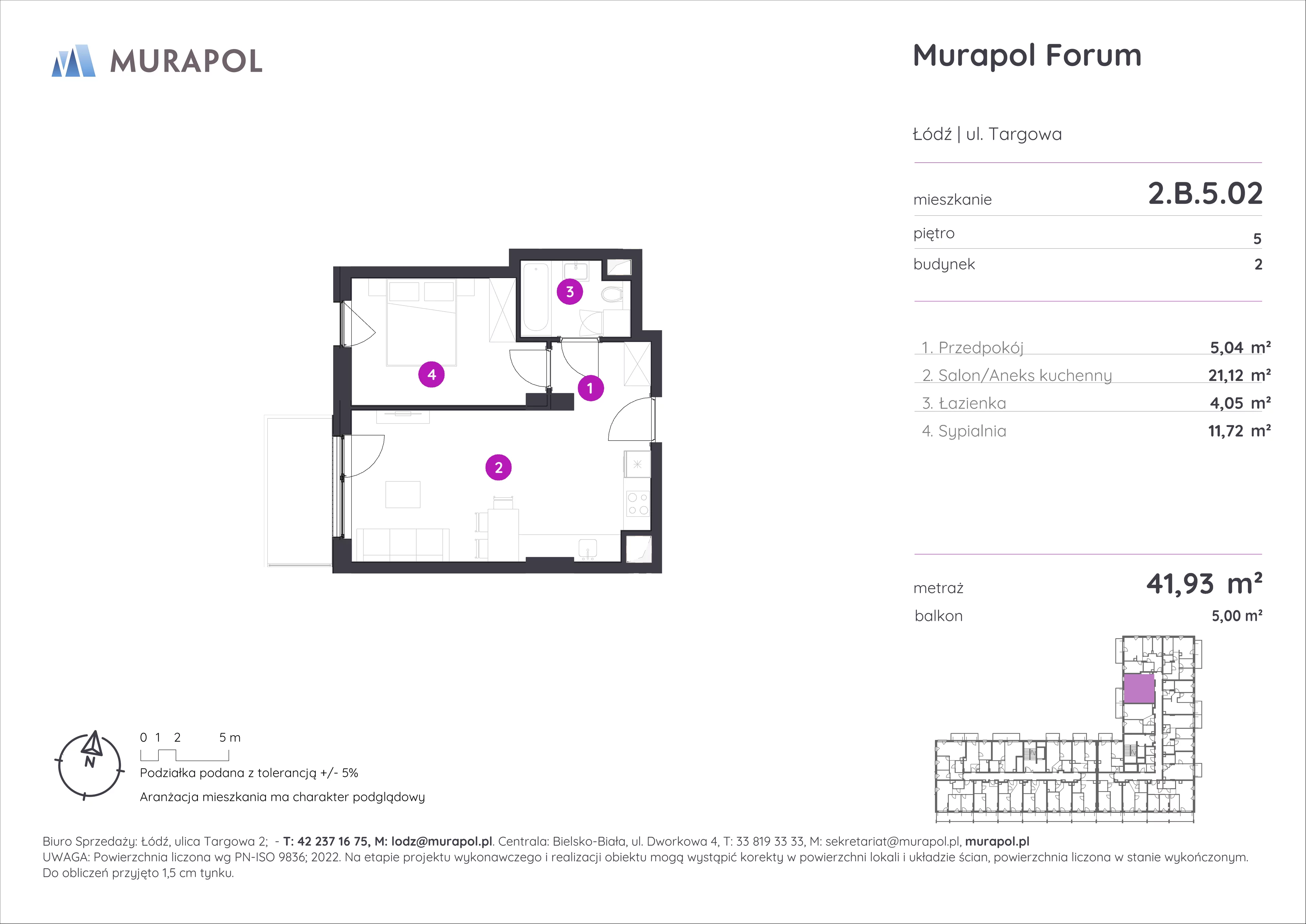 2 pokoje, mieszkanie 41,93 m², piętro 5, oferta nr 2.B.5.02, Murapol Forum, Łódź, Śródmieście, ul. Targowa