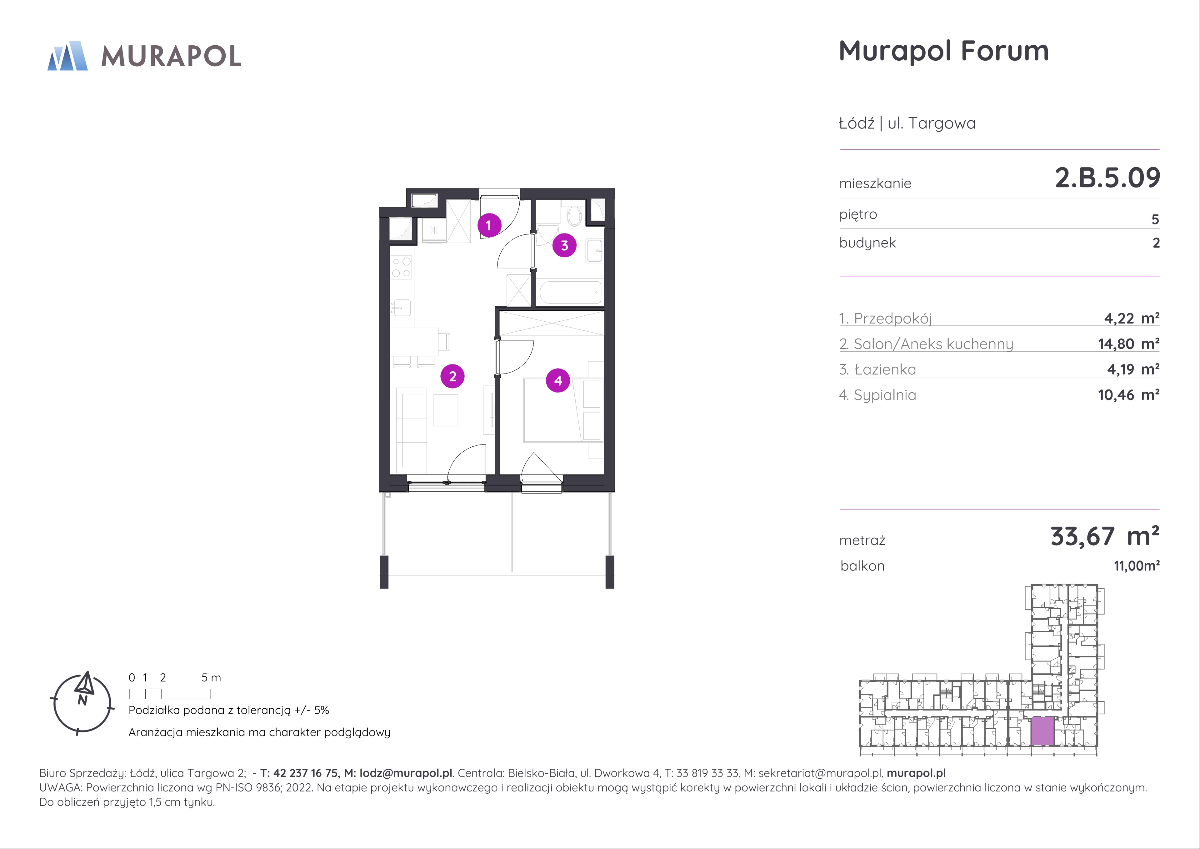 2 pokoje, mieszkanie 33,67 m², piętro 5, oferta nr 2.B.5.09, Murapol Forum, Łódź, Śródmieście, ul. Targowa