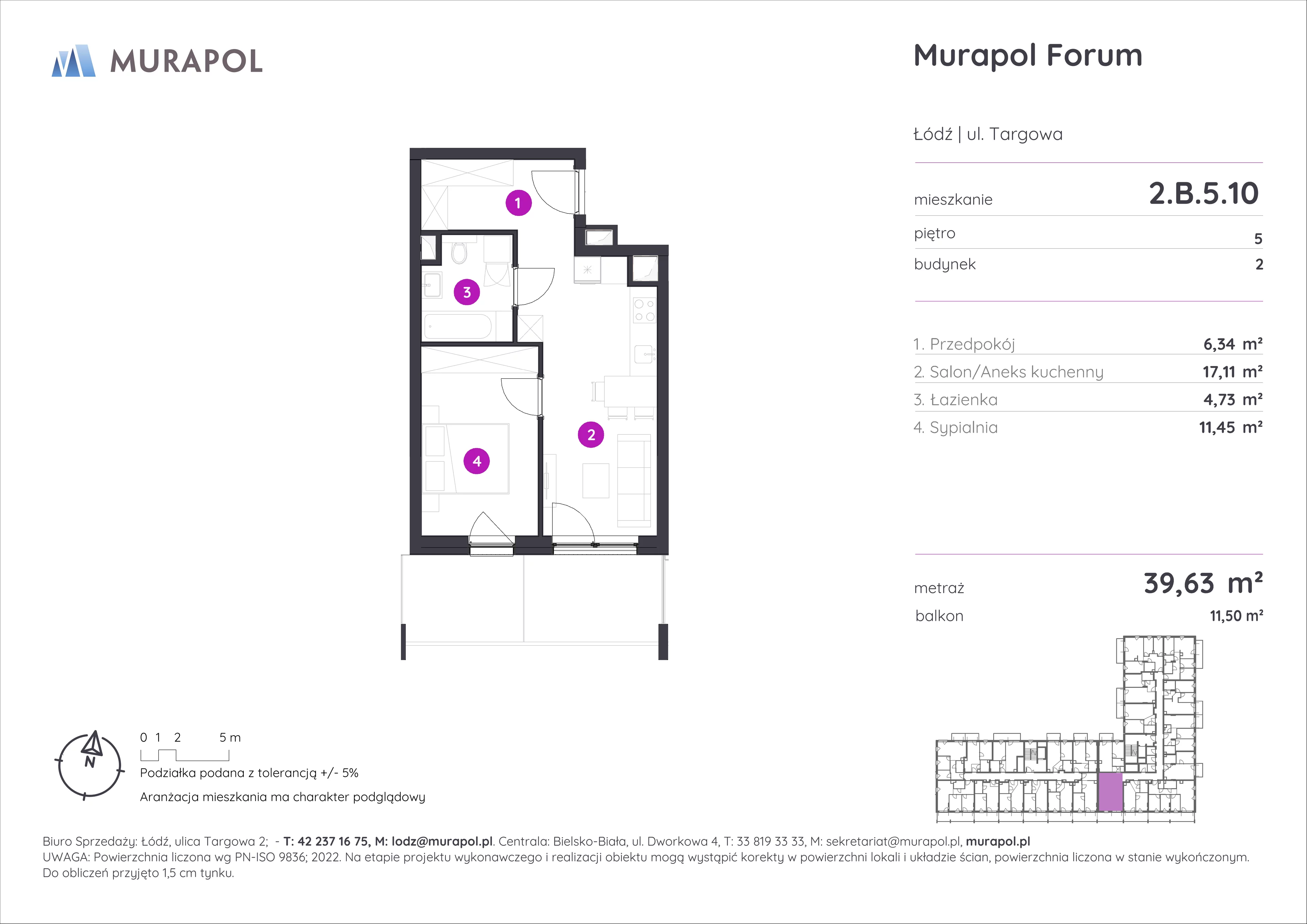 Mieszkanie 39,63 m², piętro 5, oferta nr 2.B.5.10, Murapol Forum, Łódź, Śródmieście, ul. Targowa