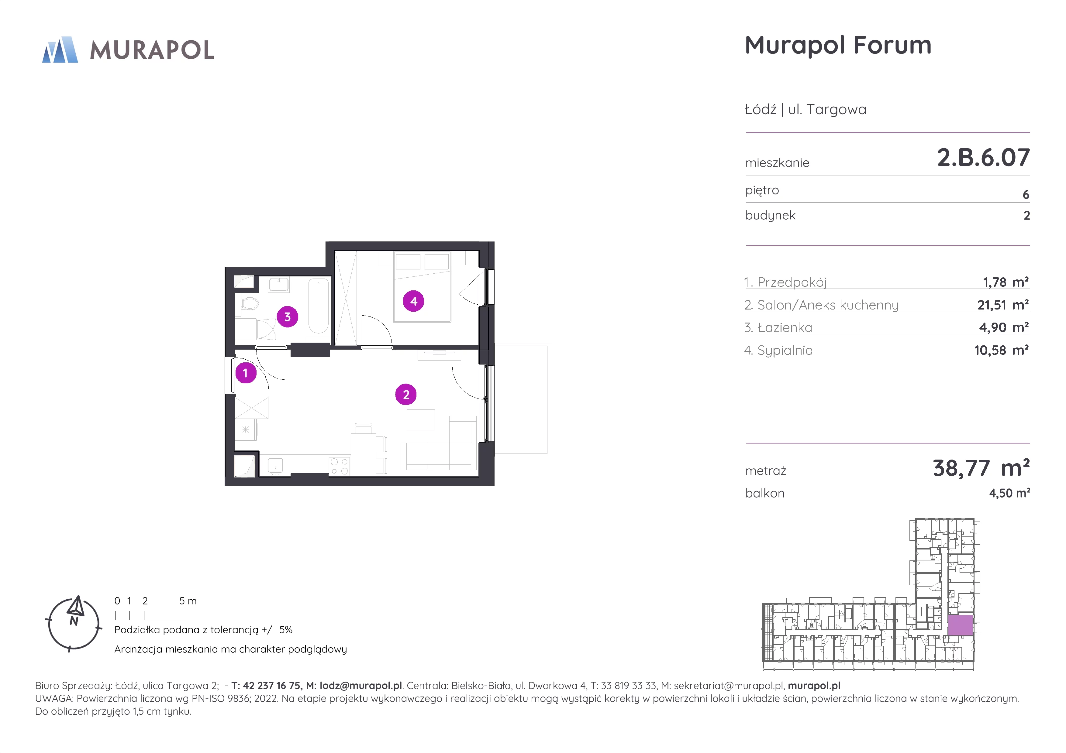 2 pokoje, mieszkanie 38,77 m², piętro 6, oferta nr 2.B.6.07, Murapol Forum, Łódź, Śródmieście, ul. Targowa