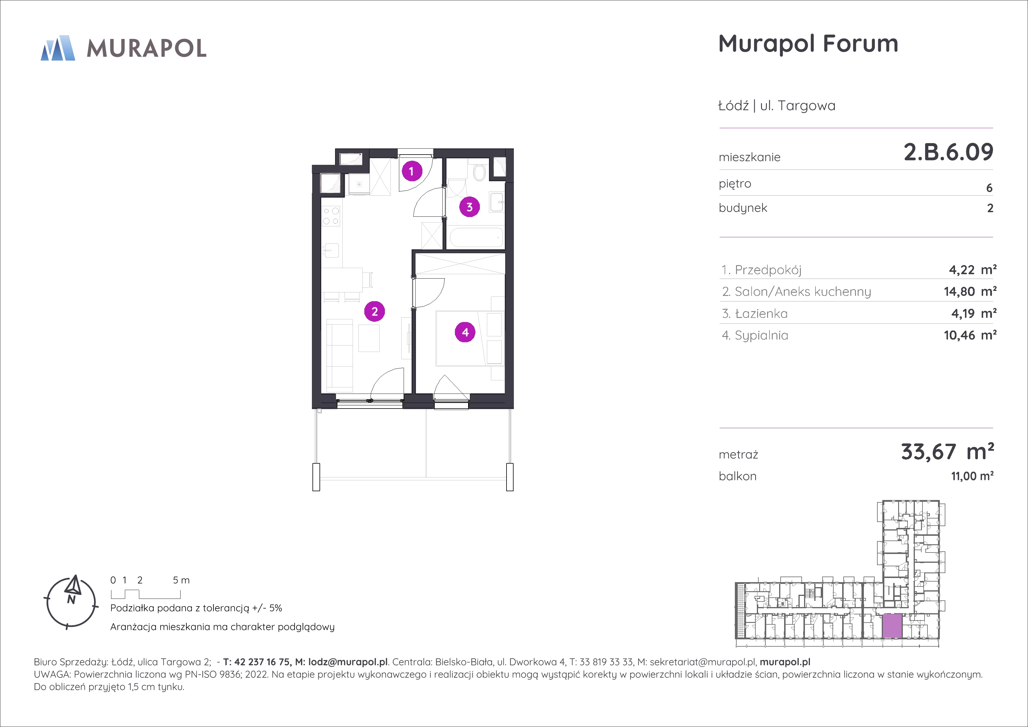 2 pokoje, mieszkanie 33,67 m², piętro 6, oferta nr 2.B.6.09, Murapol Forum, Łódź, Śródmieście, ul. Targowa