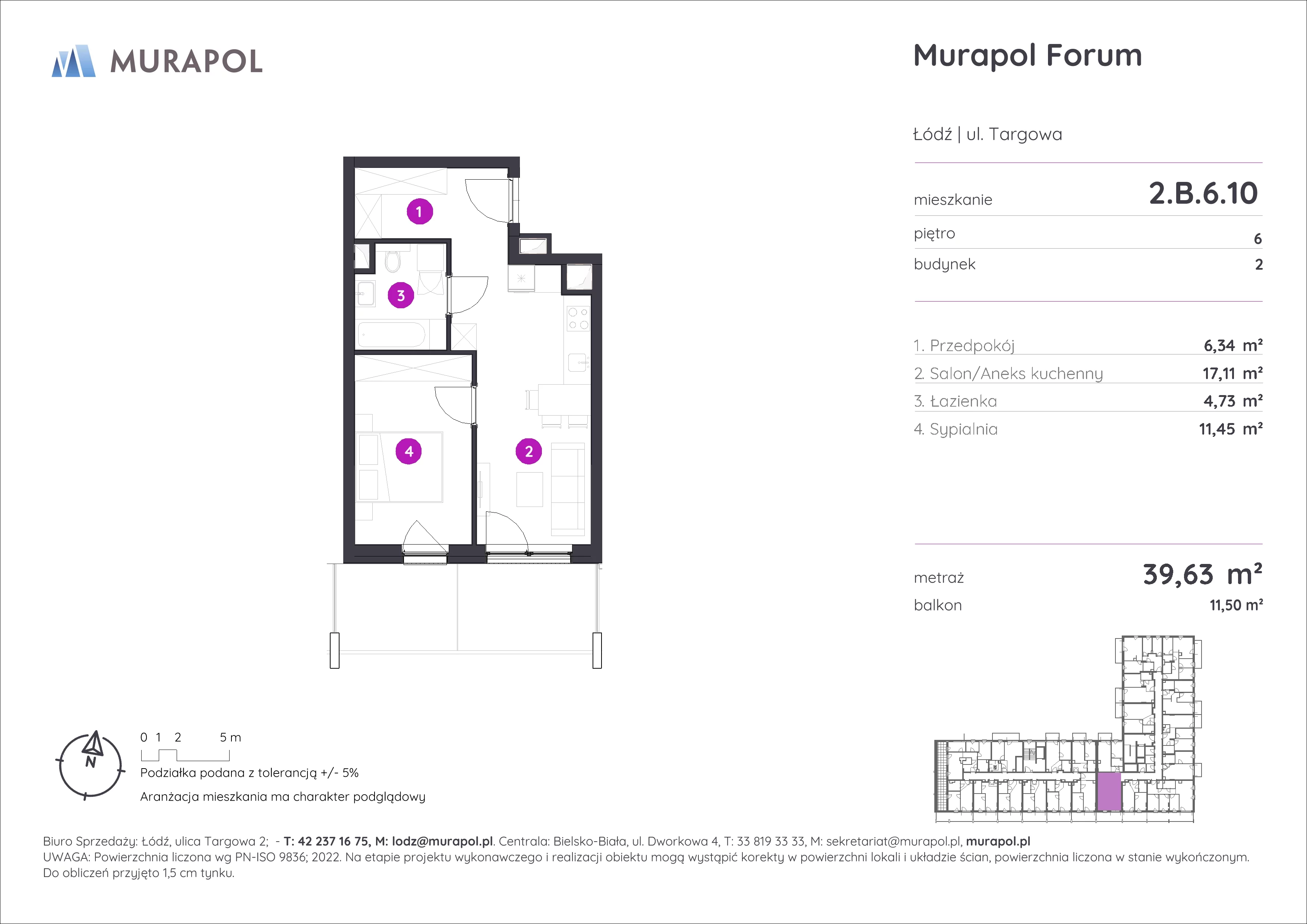 Mieszkanie 39,63 m², piętro 6, oferta nr 2.B.6.10, Murapol Forum, Łódź, Śródmieście, ul. Targowa