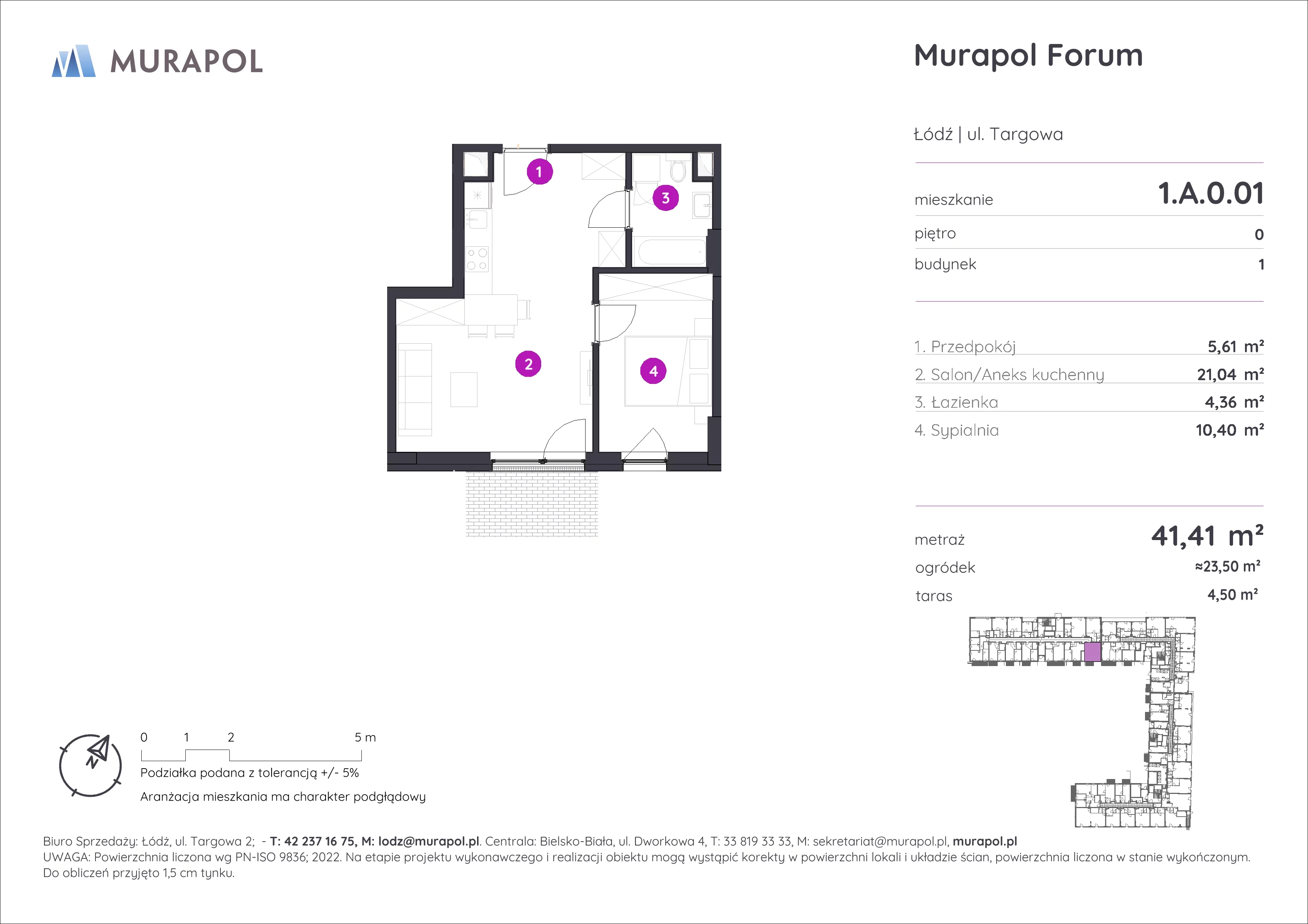 2 pokoje, mieszkanie 41,41 m², parter, oferta nr 1.A.0.01, Murapol Forum, Łódź, Śródmieście, ul. Targowa