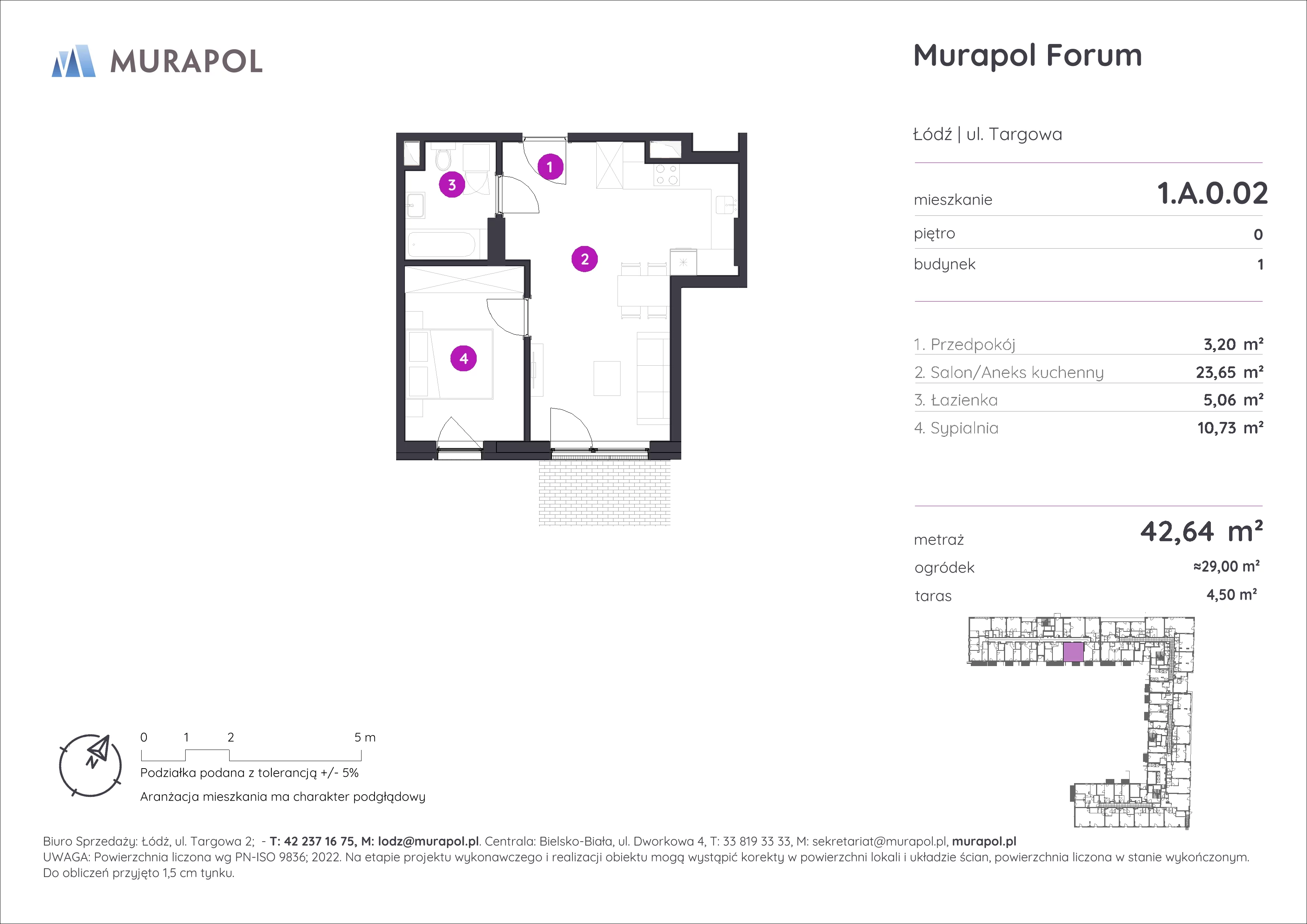 2 pokoje, mieszkanie 42,64 m², parter, oferta nr 1.A.0.02, Murapol Forum, Łódź, Śródmieście, ul. Targowa