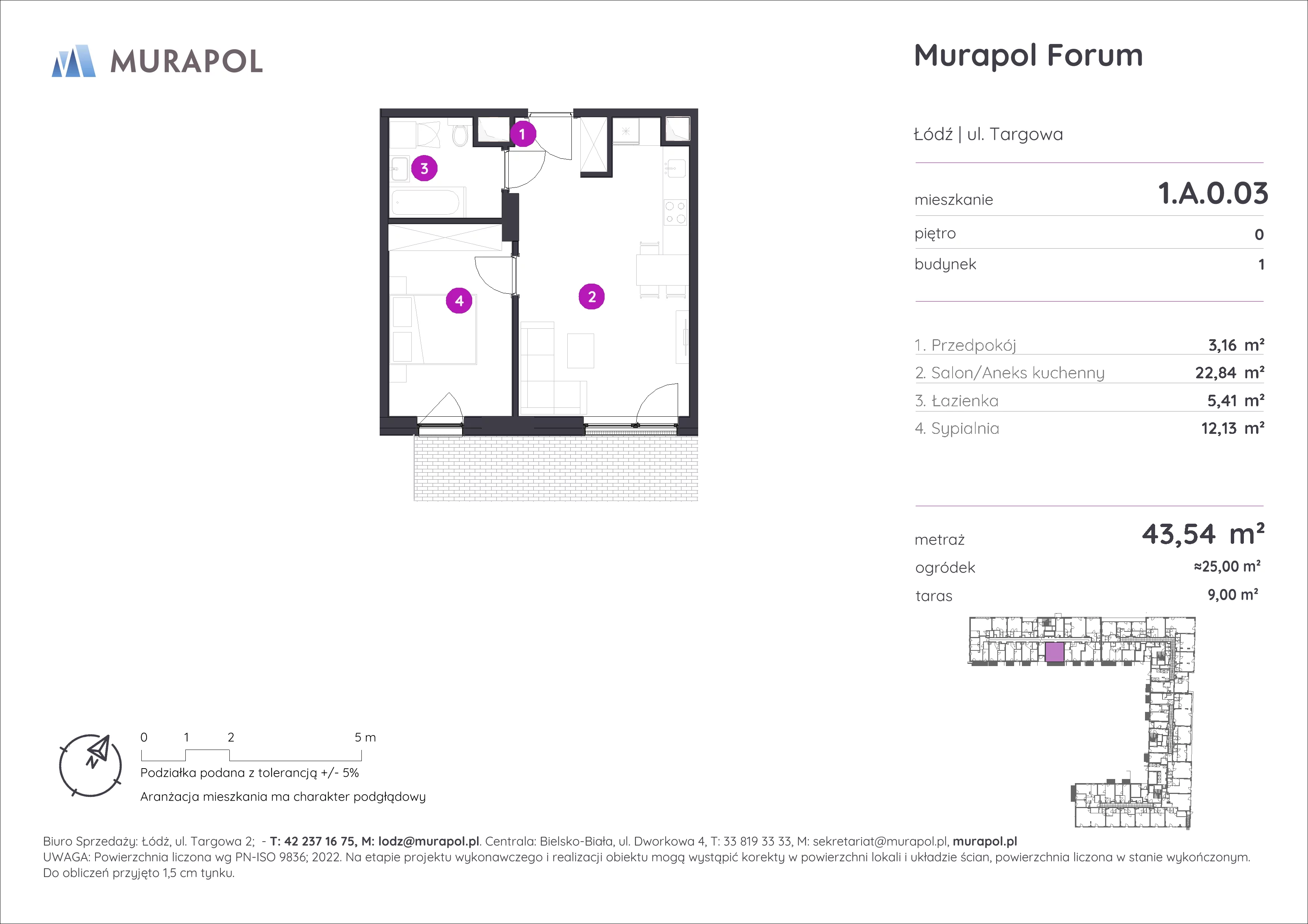 2 pokoje, mieszkanie 43,54 m², parter, oferta nr 1.A.0.03, Murapol Forum, Łódź, Śródmieście, ul. Targowa