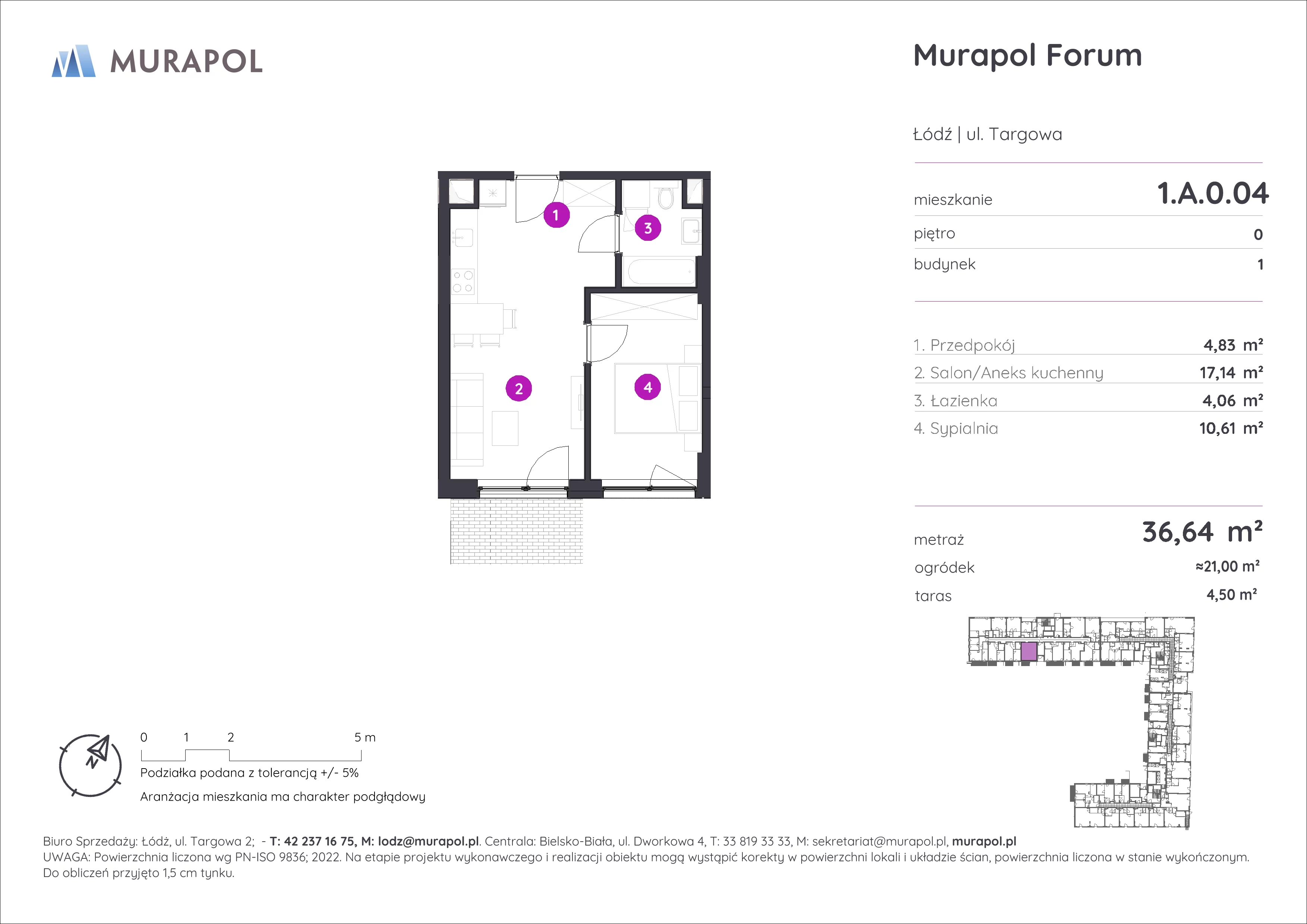 2 pokoje, mieszkanie 36,64 m², parter, oferta nr 1.A.0.04, Murapol Forum, Łódź, Śródmieście, ul. Targowa