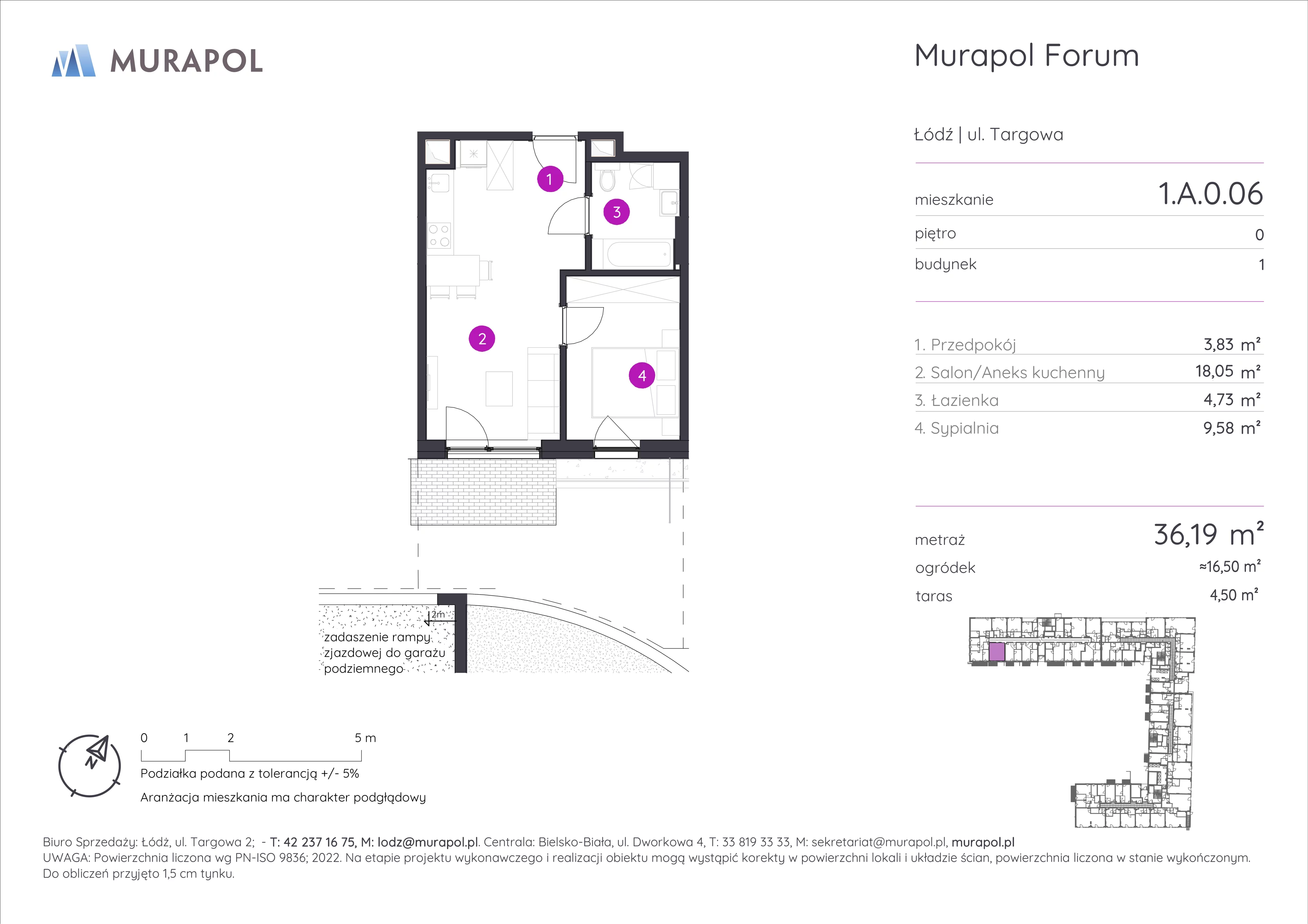 2 pokoje, mieszkanie 36,19 m², parter, oferta nr 1.A.0.06, Murapol Forum, Łódź, Śródmieście, ul. Targowa