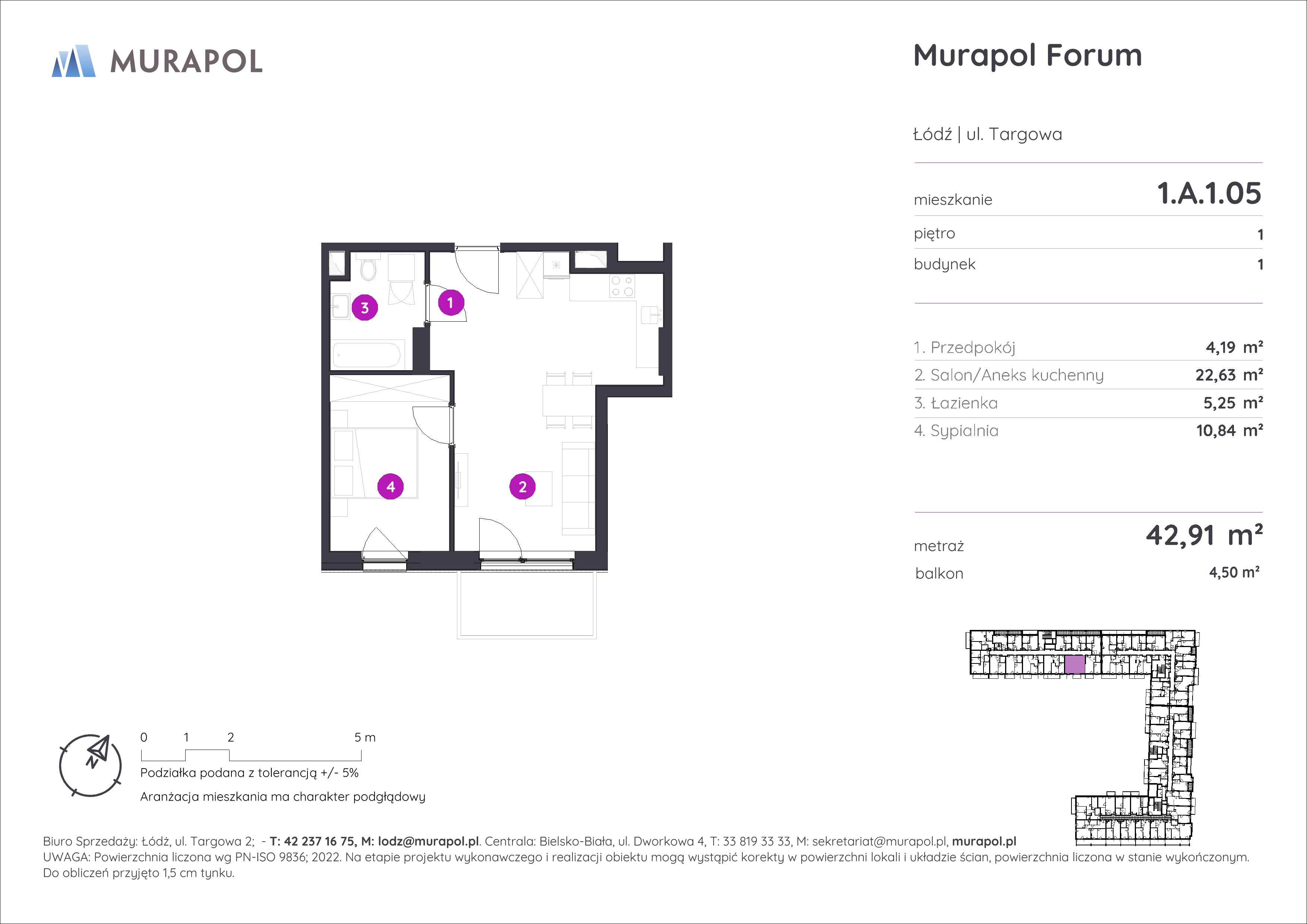 2 pokoje, mieszkanie 42,91 m², piętro 1, oferta nr 1.A.1.05, Murapol Forum, Łódź, Śródmieście, ul. Targowa