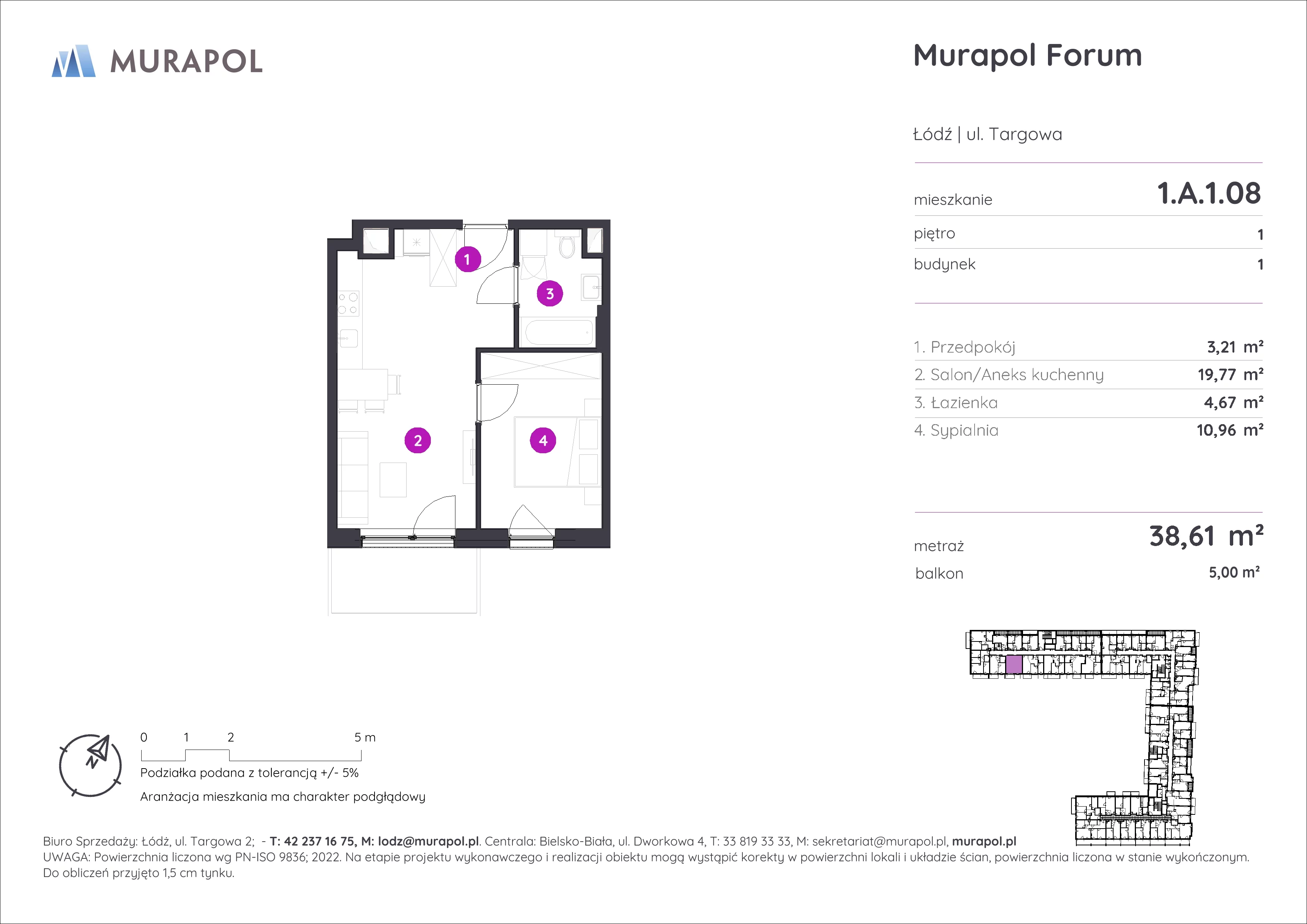 2 pokoje, mieszkanie 38,61 m², piętro 1, oferta nr 1.A.1.08, Murapol Forum, Łódź, Śródmieście, ul. Targowa