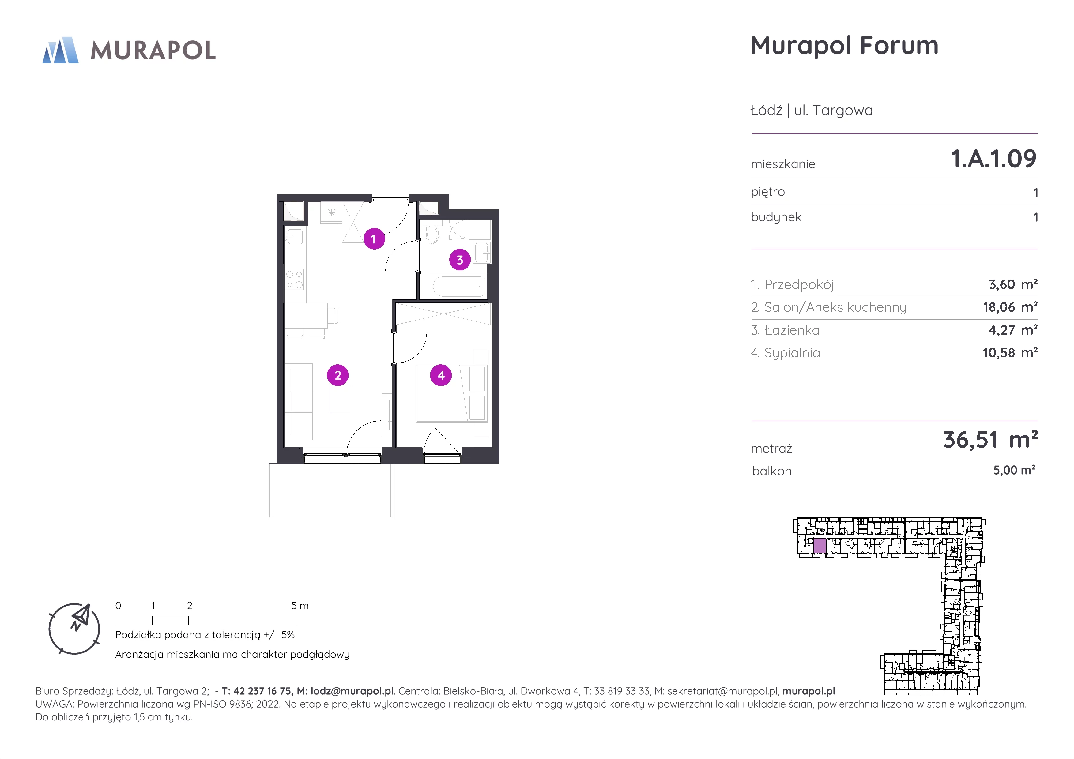 2 pokoje, mieszkanie 36,51 m², piętro 1, oferta nr 1.A.1.09, Murapol Forum, Łódź, Śródmieście, ul. Targowa