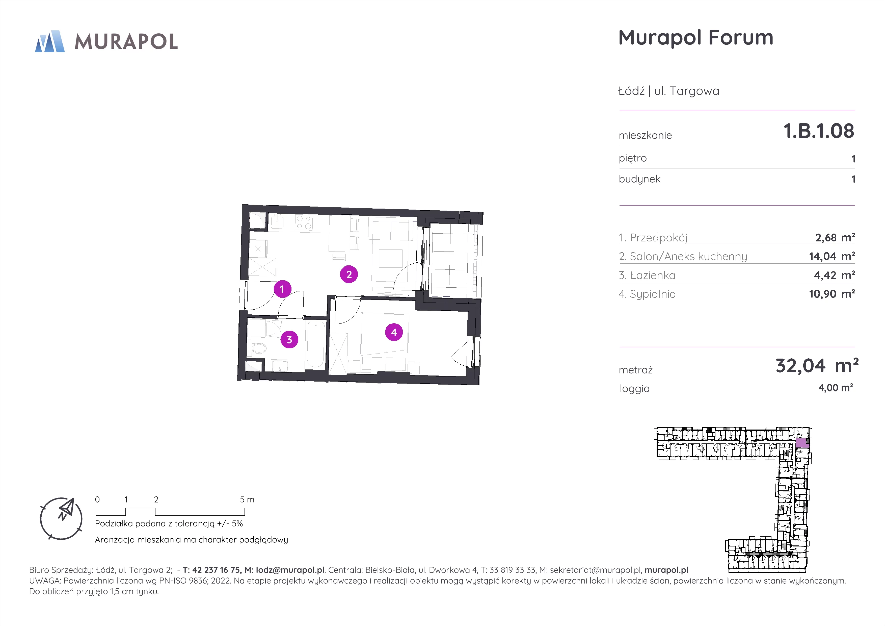 2 pokoje, mieszkanie 32,04 m², piętro 1, oferta nr 1.B.1.08, Murapol Forum, Łódź, Śródmieście, ul. Targowa