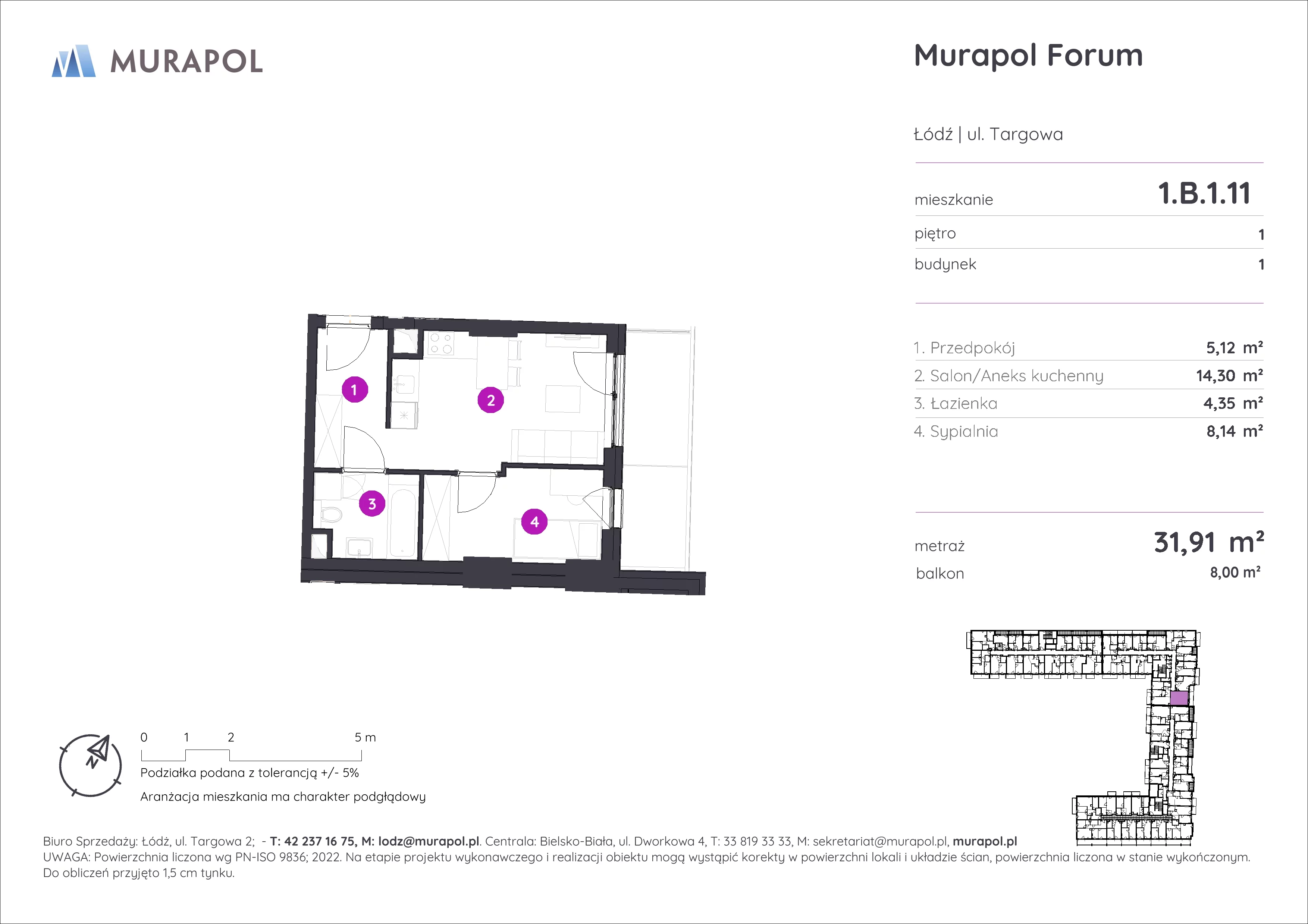 2 pokoje, mieszkanie 31,91 m², piętro 1, oferta nr 1.B.1.11, Murapol Forum, Łódź, Śródmieście, ul. Targowa
