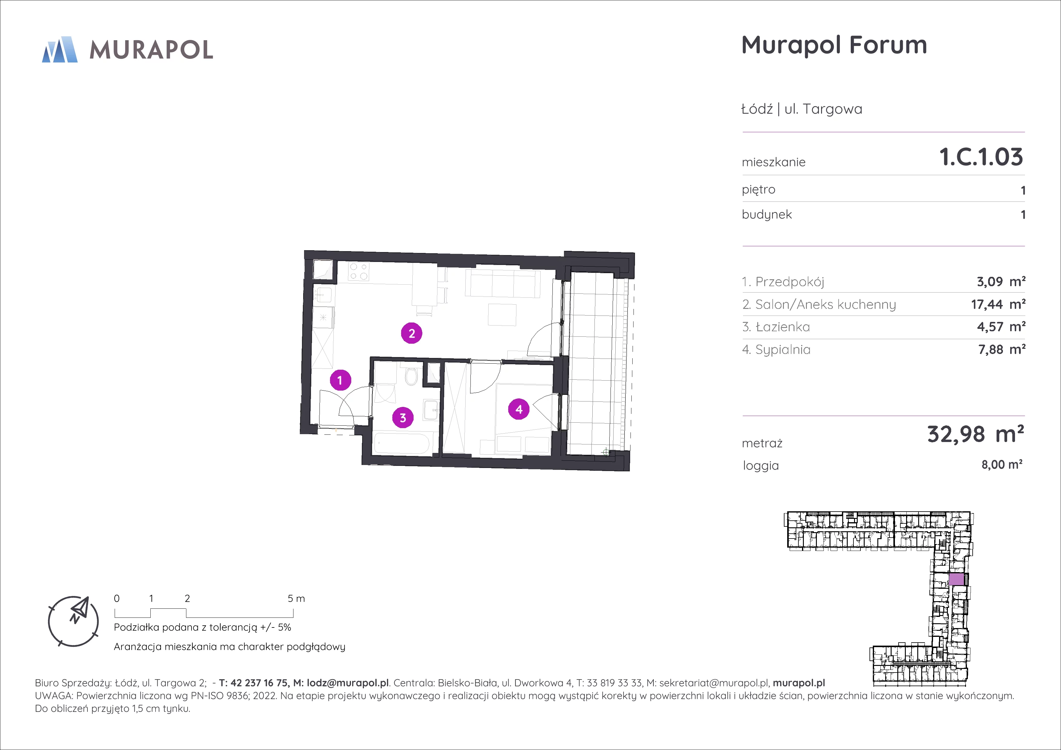 2 pokoje, mieszkanie 32,98 m², piętro 1, oferta nr 1.C.1.03, Murapol Forum, Łódź, Śródmieście, ul. Targowa