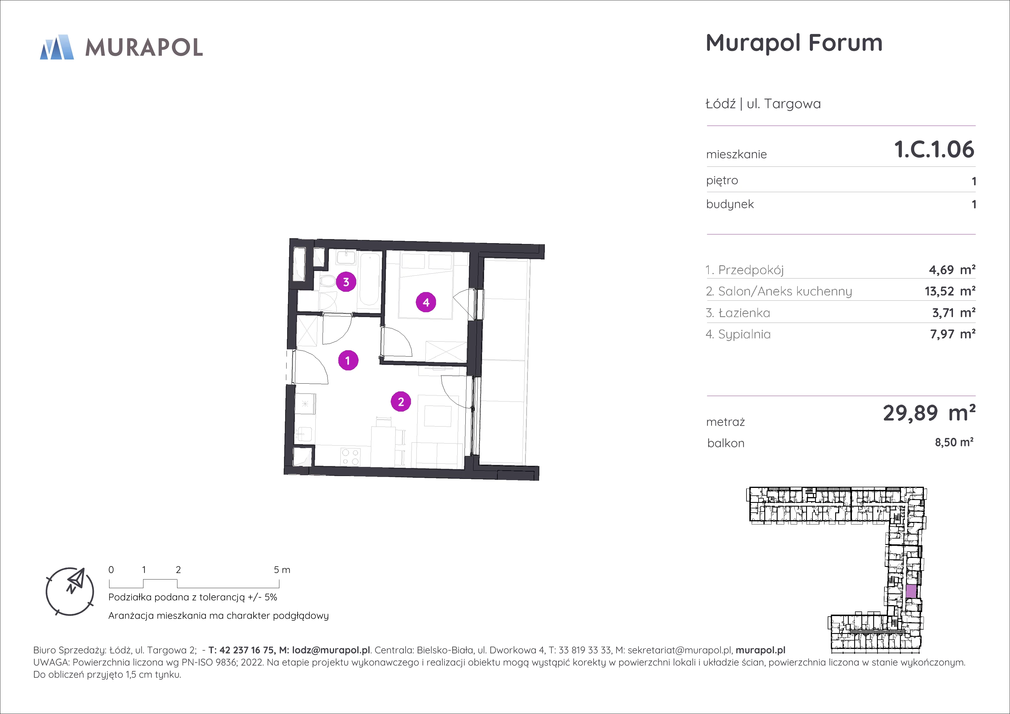 2 pokoje, mieszkanie 29,89 m², piętro 1, oferta nr 1.C.1.06, Murapol Forum, Łódź, Śródmieście, ul. Targowa