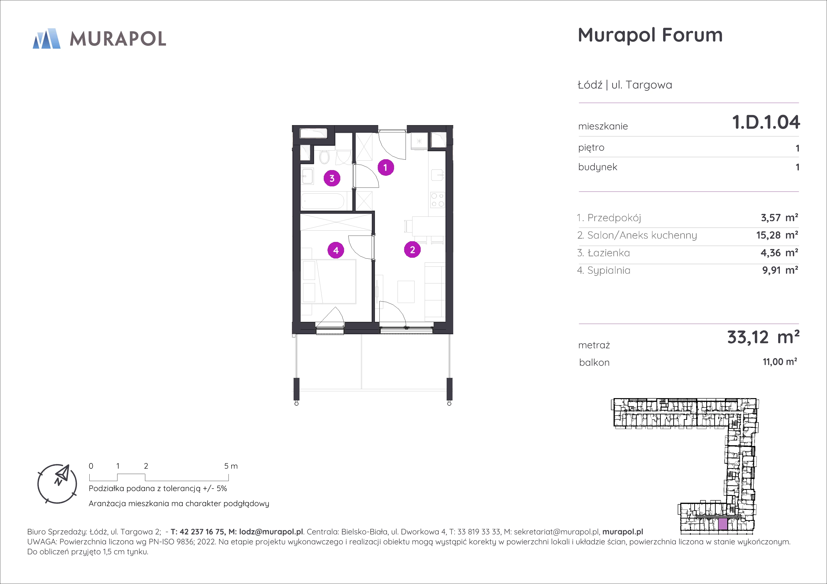 2 pokoje, mieszkanie 33,12 m², piętro 1, oferta nr 1.D.1.04, Murapol Forum, Łódź, Śródmieście, ul. Targowa