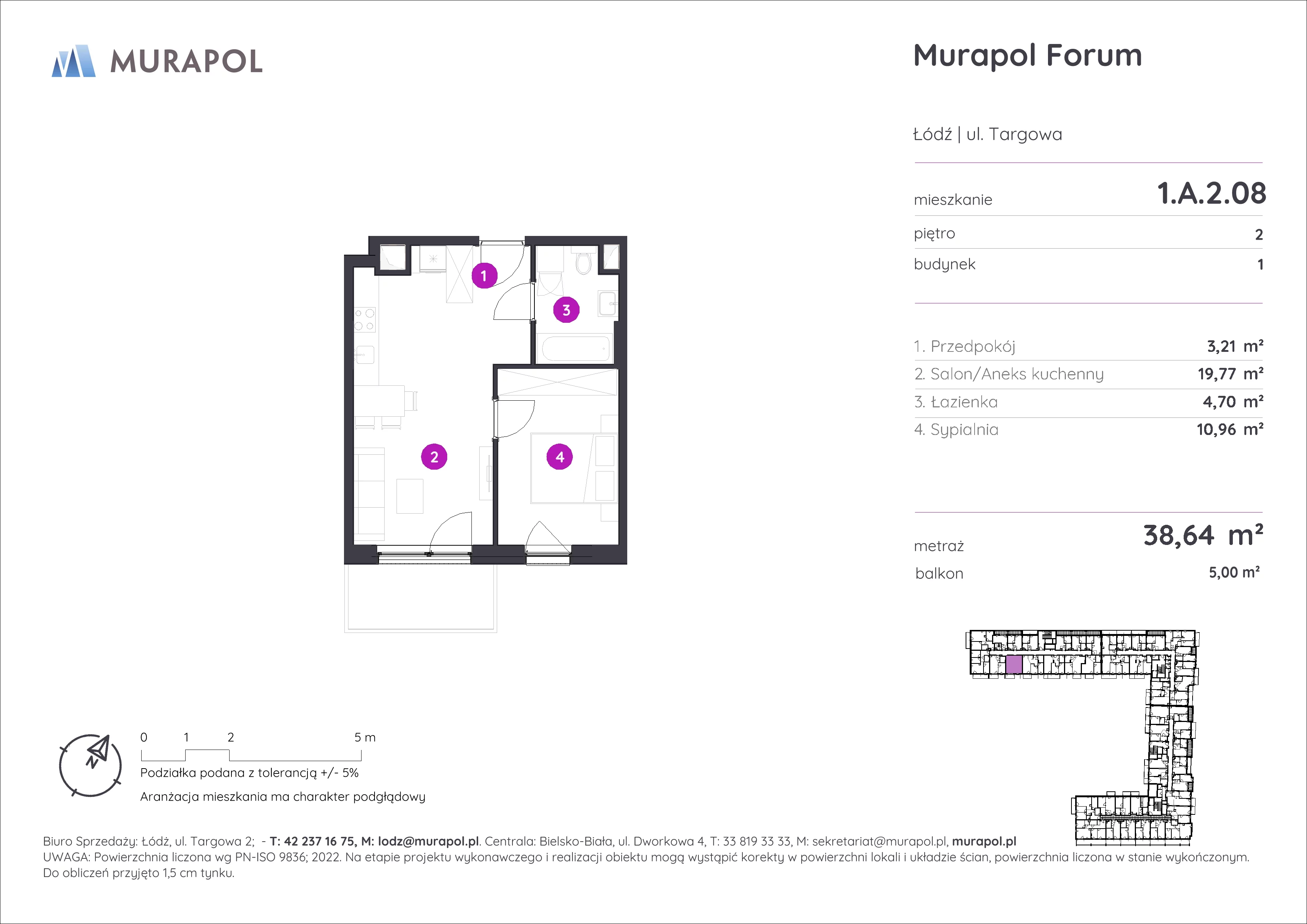 2 pokoje, mieszkanie 38,64 m², piętro 2, oferta nr 1.A.2.08, Murapol Forum, Łódź, Śródmieście, ul. Targowa