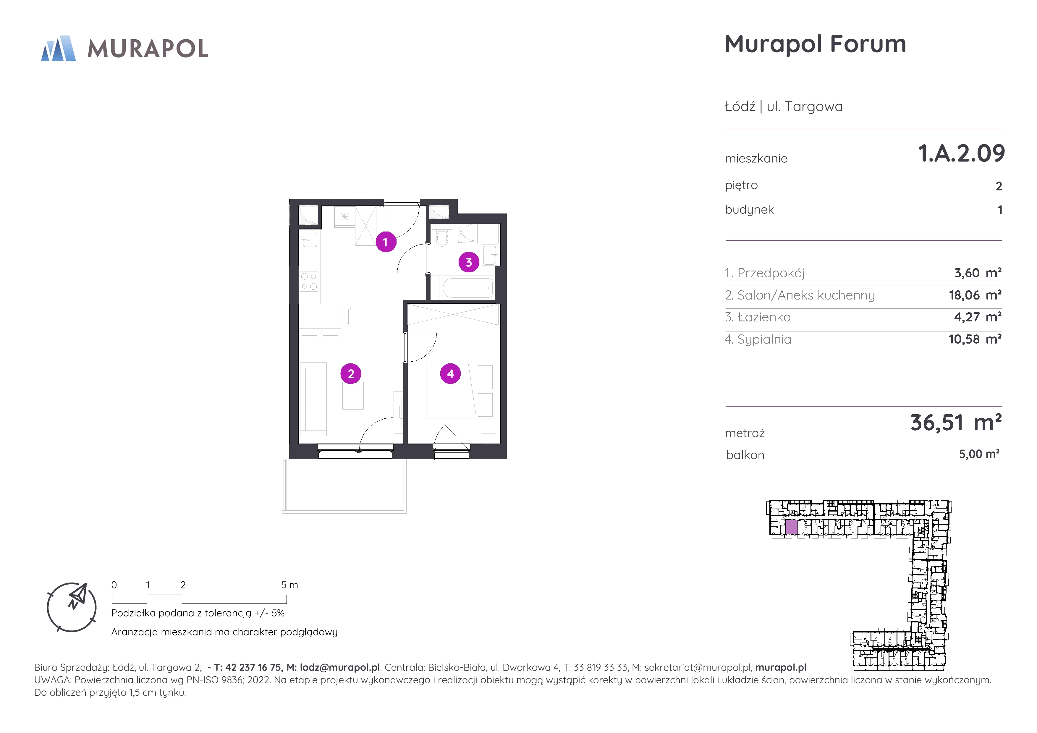 2 pokoje, mieszkanie 36,51 m², piętro 2, oferta nr 1.A.2.09, Murapol Forum, Łódź, Śródmieście, ul. Targowa