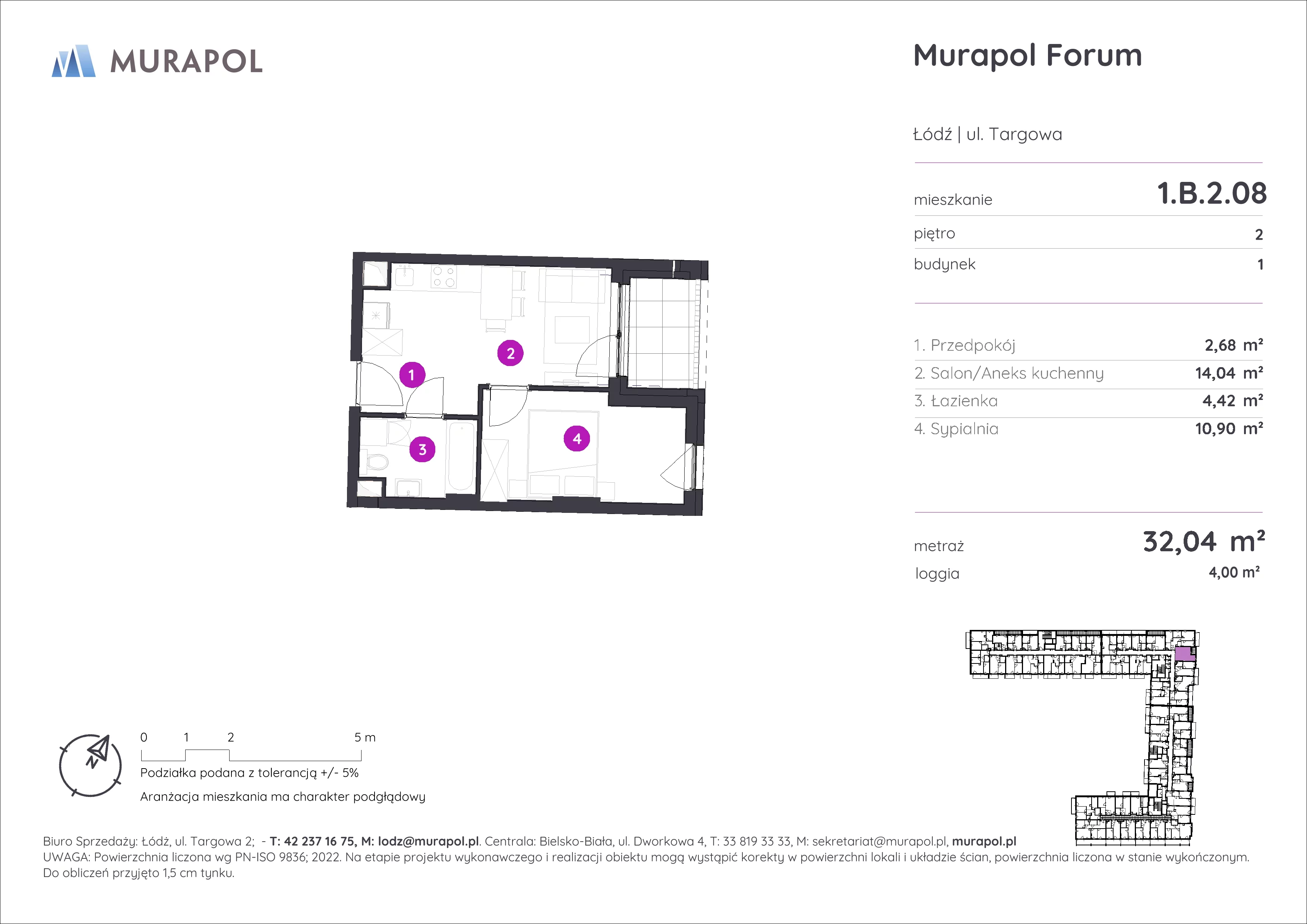 2 pokoje, mieszkanie 32,04 m², piętro 2, oferta nr 1.B.2.08, Murapol Forum, Łódź, Śródmieście, ul. Targowa