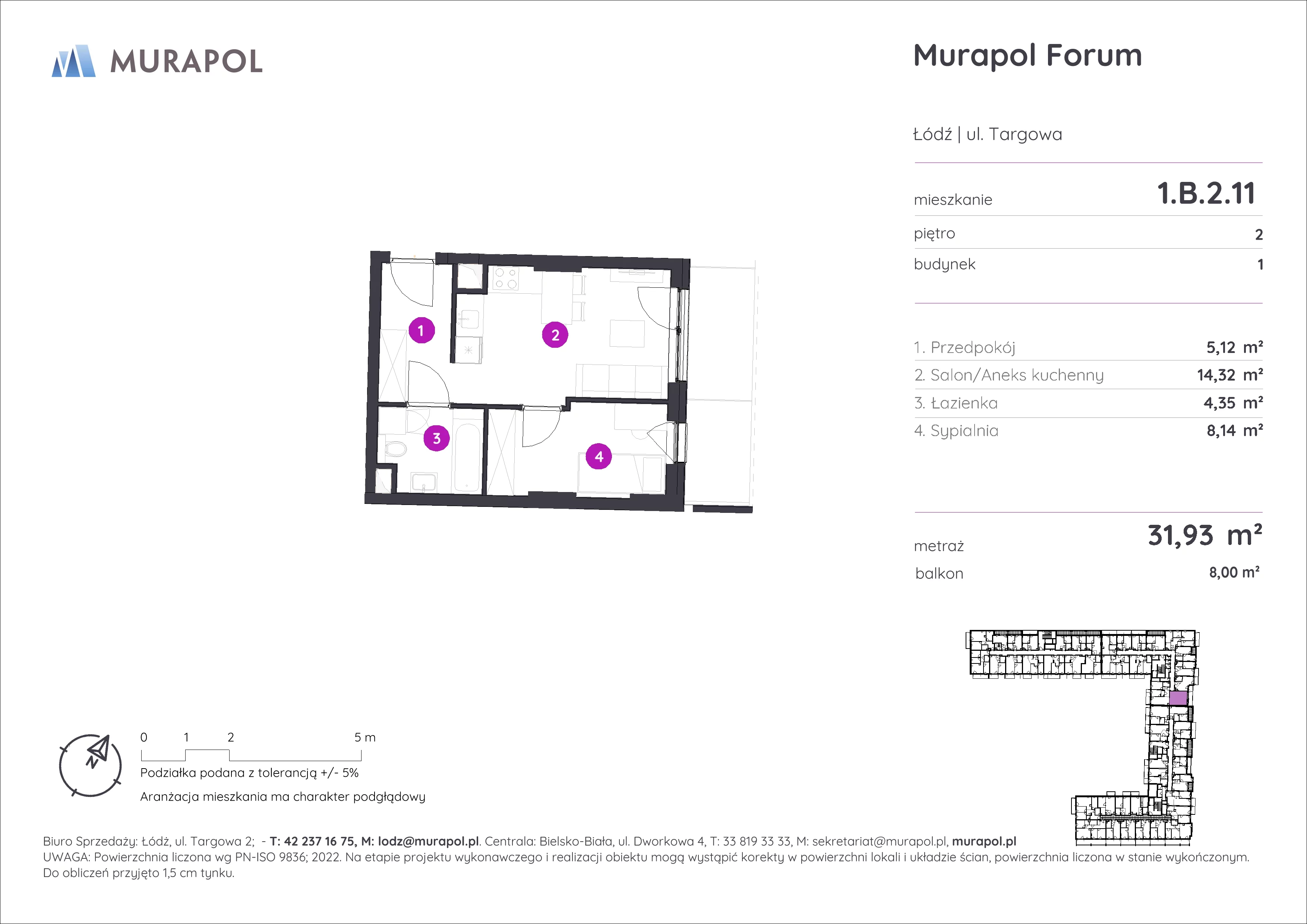 2 pokoje, mieszkanie 31,93 m², piętro 2, oferta nr 1.B.2.11, Murapol Forum, Łódź, Śródmieście, ul. Targowa