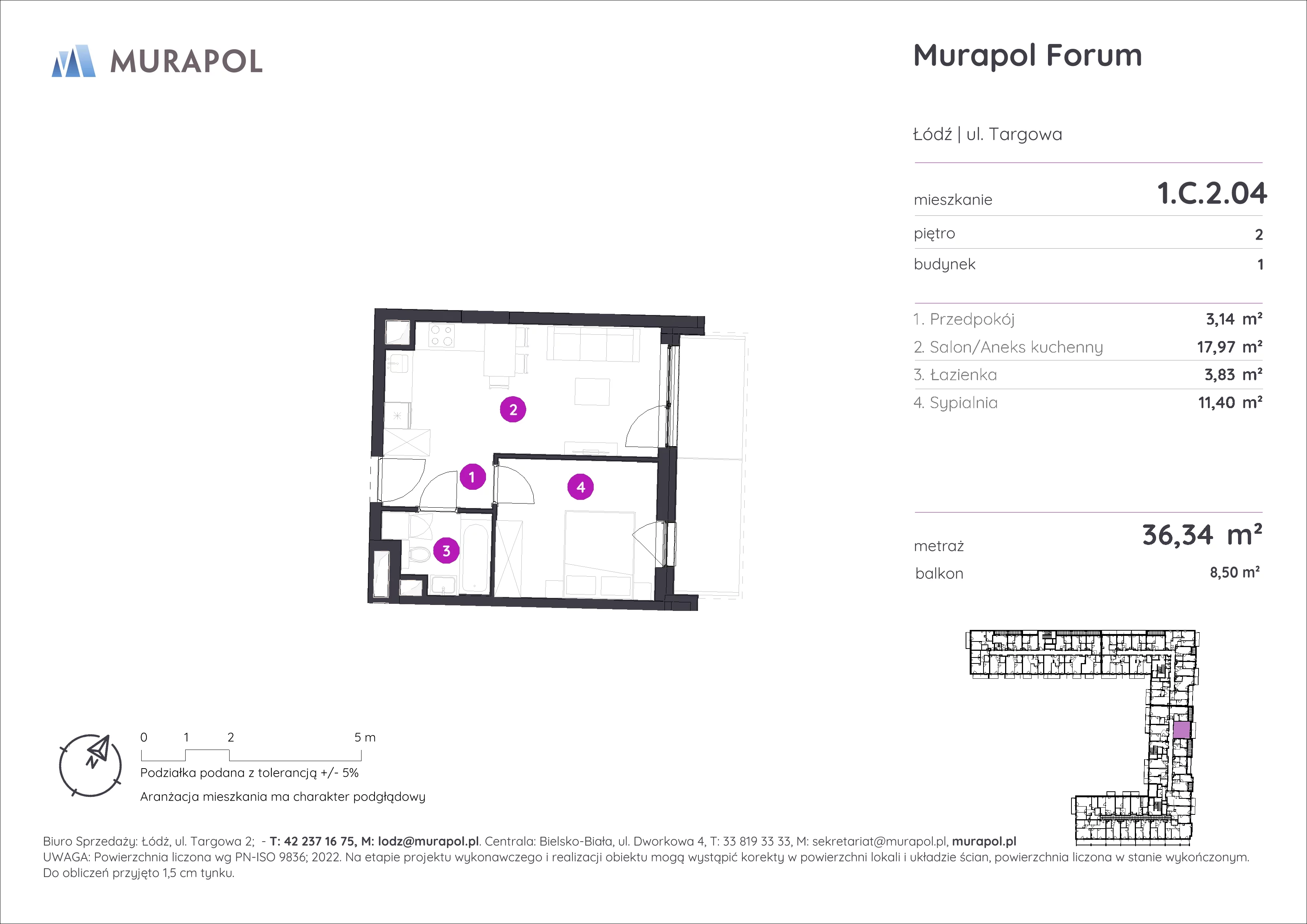 2 pokoje, mieszkanie 36,34 m², piętro 2, oferta nr 1.C.2.04, Murapol Forum, Łódź, Śródmieście, ul. Targowa