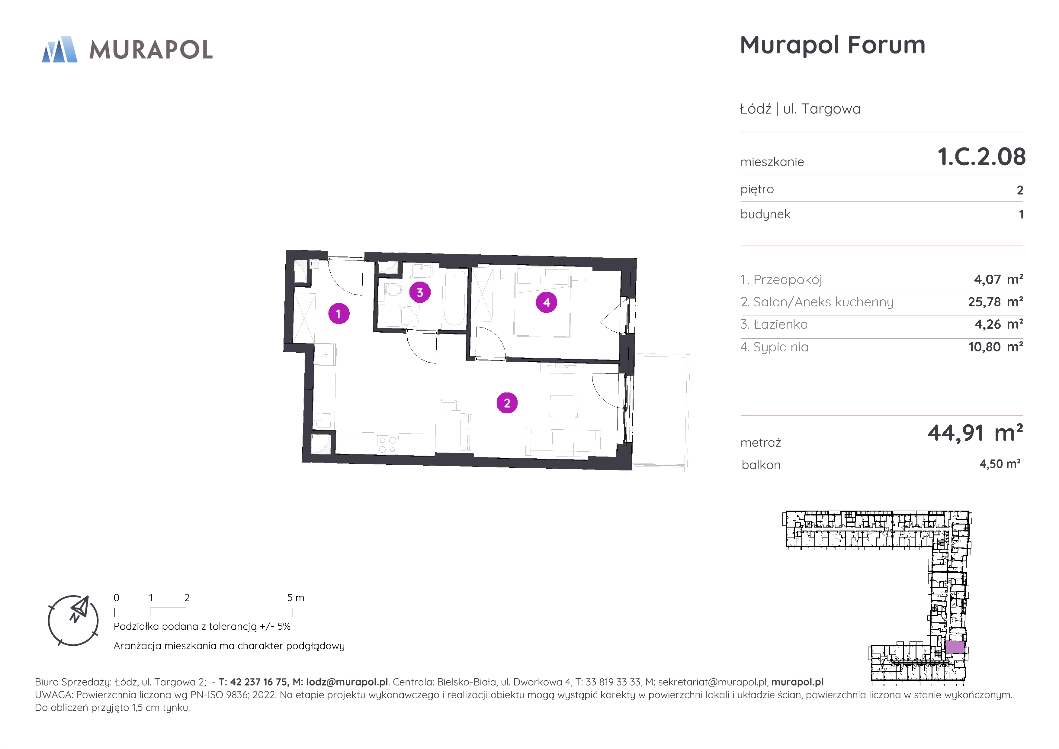 2 pokoje, mieszkanie 44,91 m², piętro 2, oferta nr 1.C.2.08, Murapol Forum, Łódź, Śródmieście, ul. Targowa