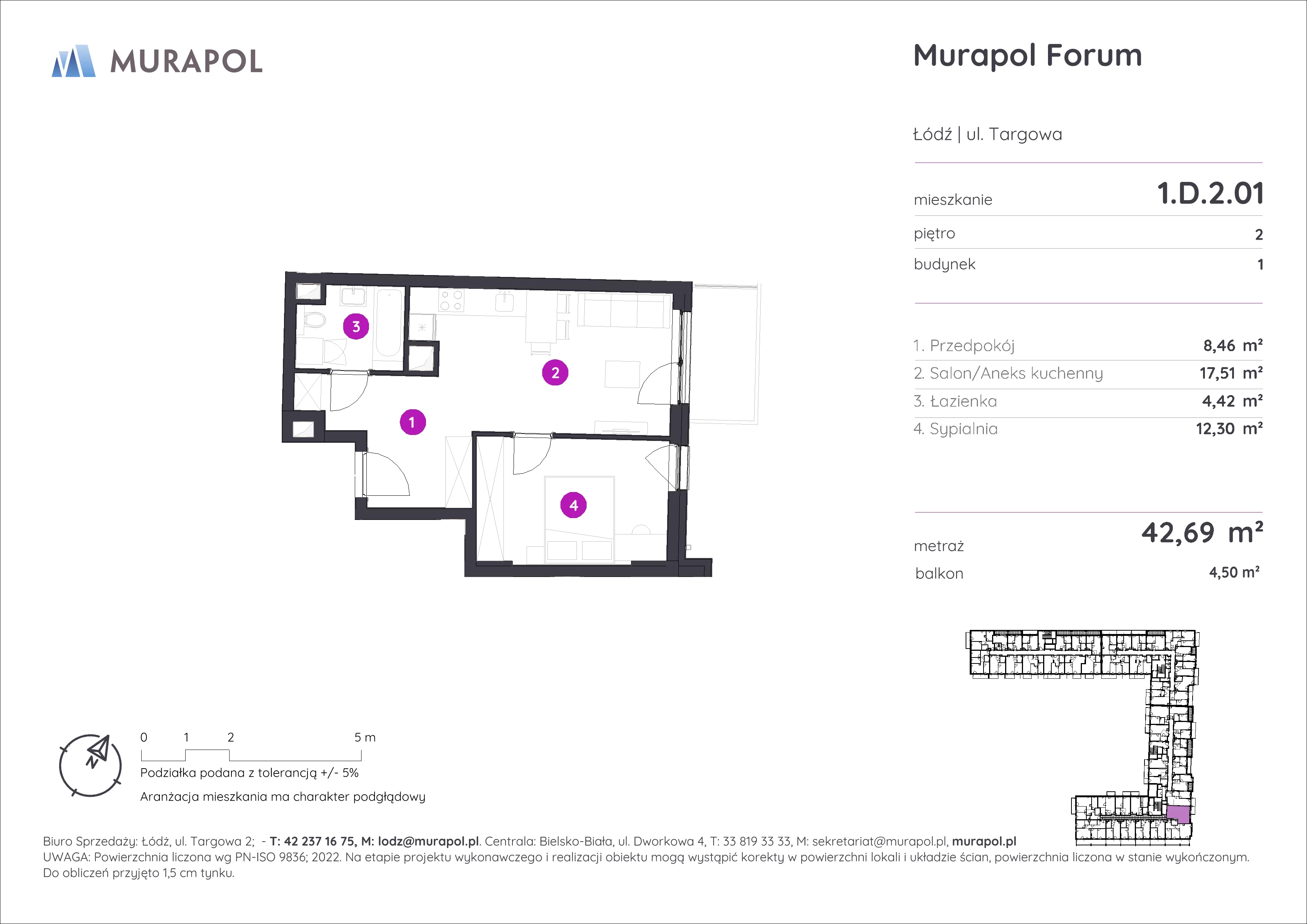 2 pokoje, mieszkanie 42,69 m², piętro 2, oferta nr 1.D.2.01, Murapol Forum, Łódź, Śródmieście, ul. Targowa