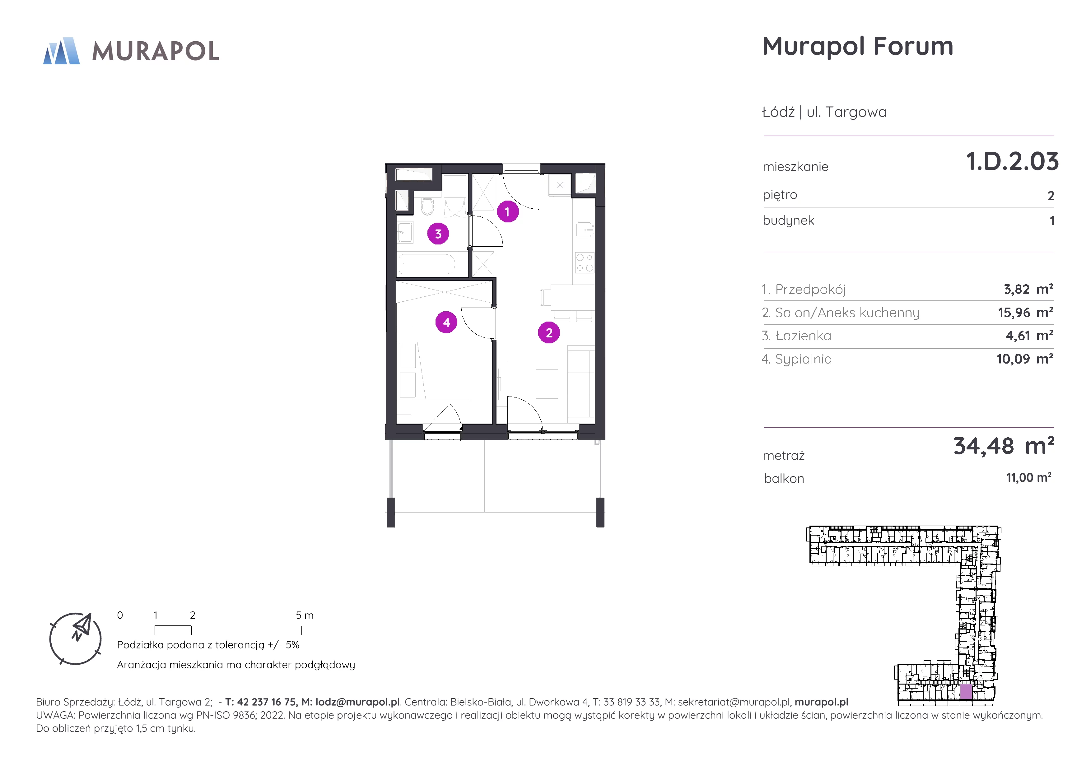 2 pokoje, mieszkanie 34,48 m², piętro 2, oferta nr 1.D.2.03, Murapol Forum, Łódź, Śródmieście, ul. Targowa