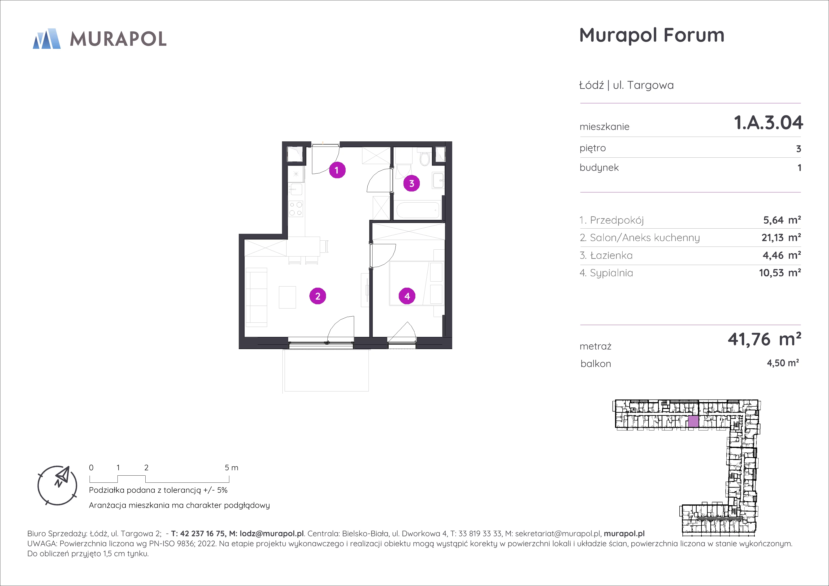2 pokoje, mieszkanie 41,76 m², piętro 3, oferta nr 1.A.3.04, Murapol Forum, Łódź, Śródmieście, ul. Targowa