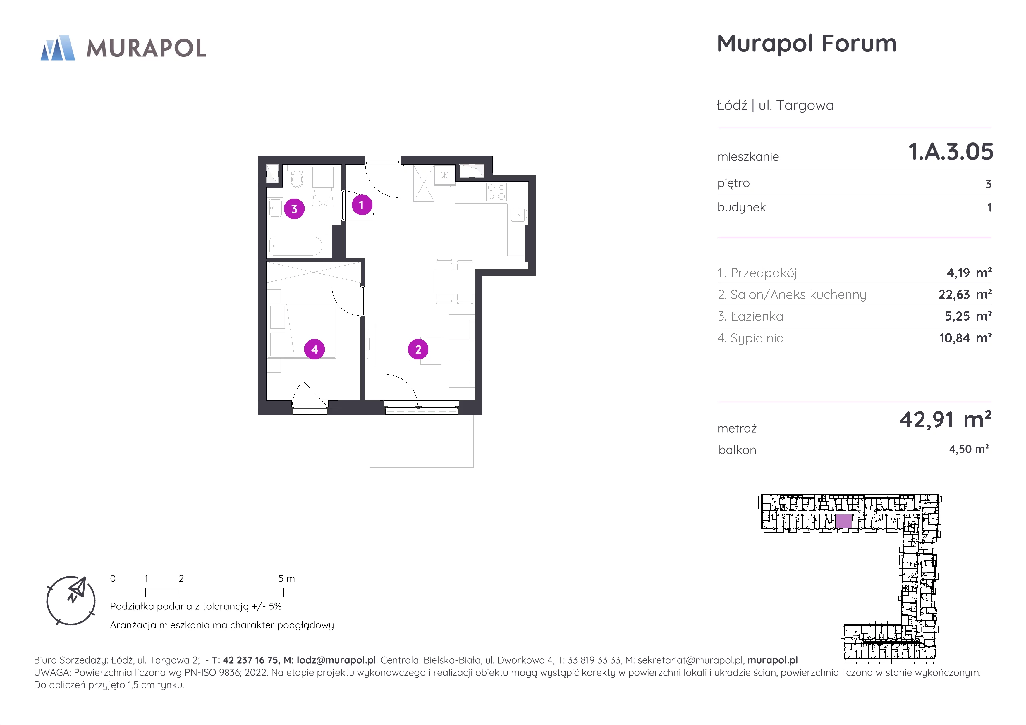 2 pokoje, mieszkanie 42,91 m², piętro 3, oferta nr 1.A.3.05, Murapol Forum, Łódź, Śródmieście, ul. Targowa