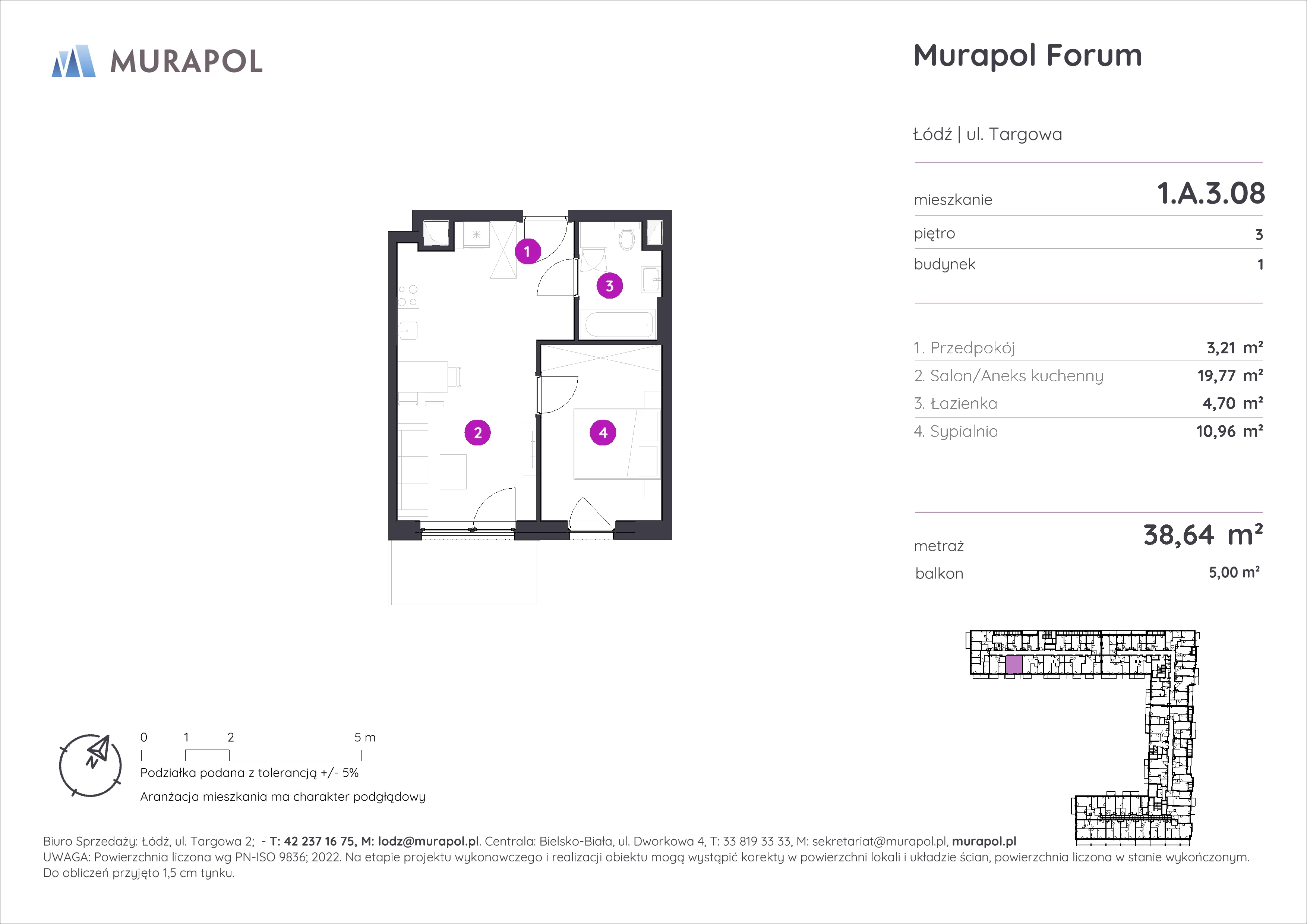 2 pokoje, mieszkanie 38,64 m², piętro 3, oferta nr 1.A.3.08, Murapol Forum, Łódź, Śródmieście, ul. Targowa