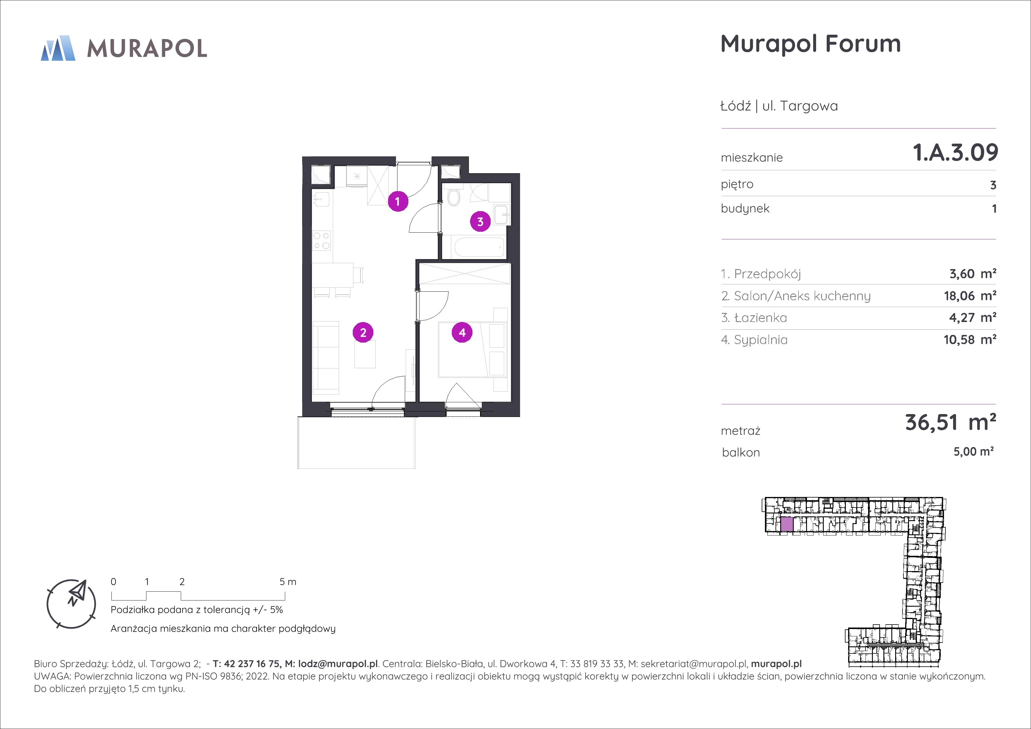 2 pokoje, mieszkanie 36,51 m², piętro 3, oferta nr 1.A.3.09, Murapol Forum, Łódź, Śródmieście, ul. Targowa