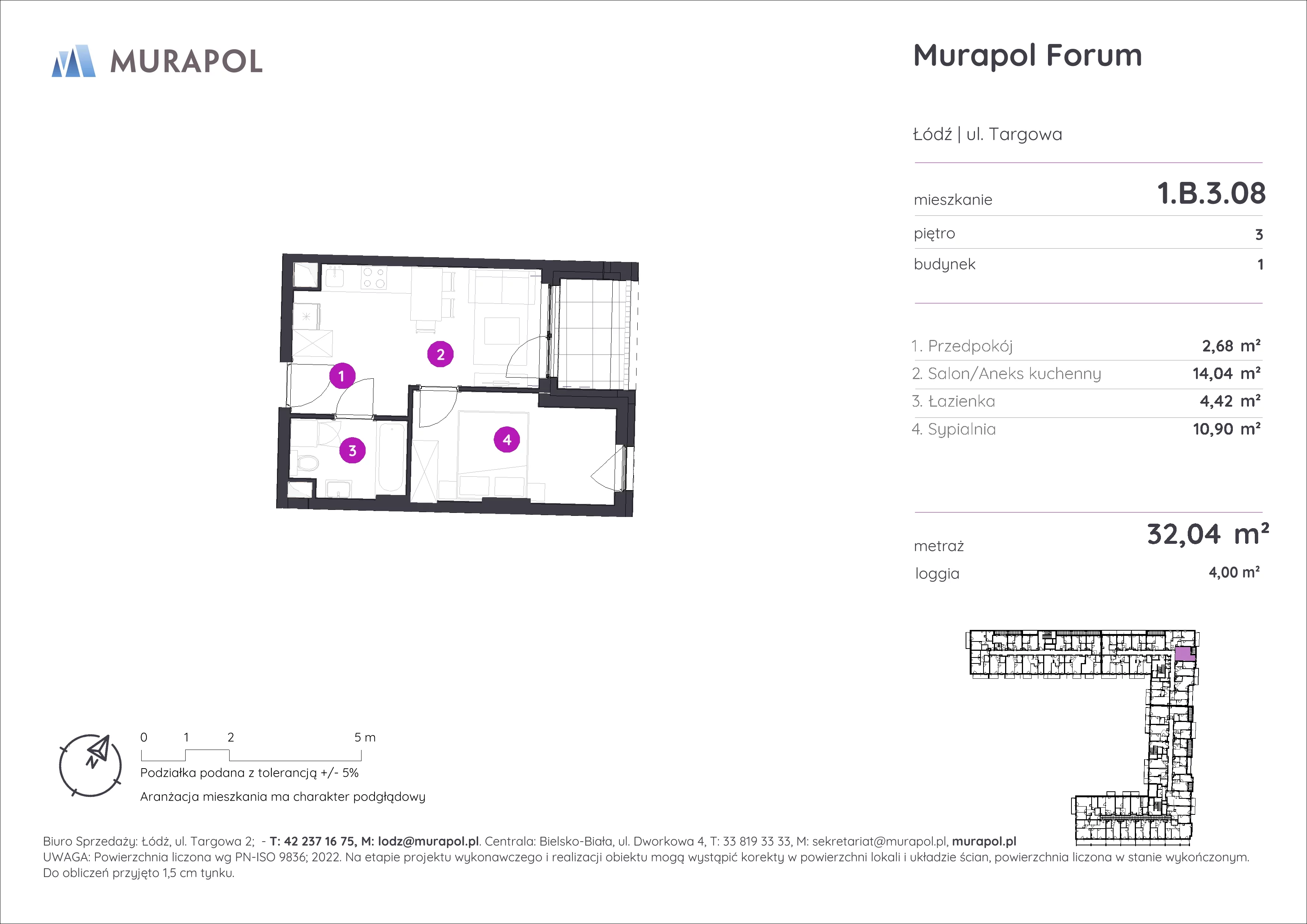 2 pokoje, mieszkanie 32,04 m², piętro 3, oferta nr 1.B.3.08, Murapol Forum, Łódź, Śródmieście, ul. Targowa